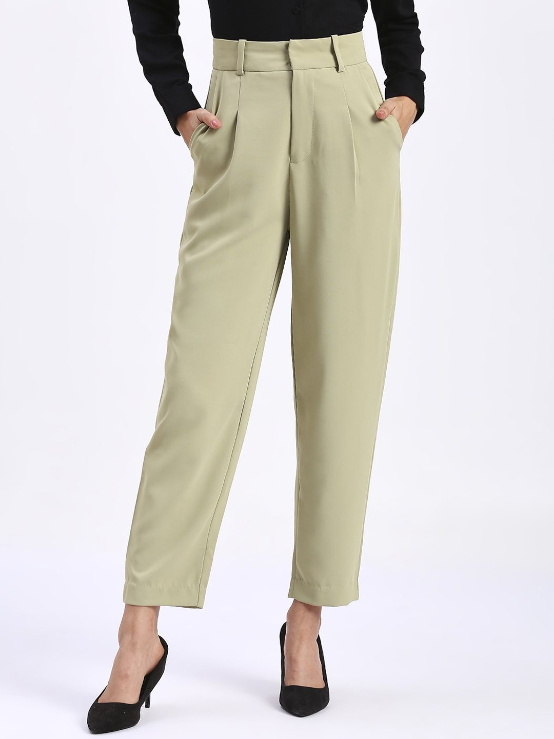 

BAESD Women Straight Fit Easy Wash Pleated Trousers, Green