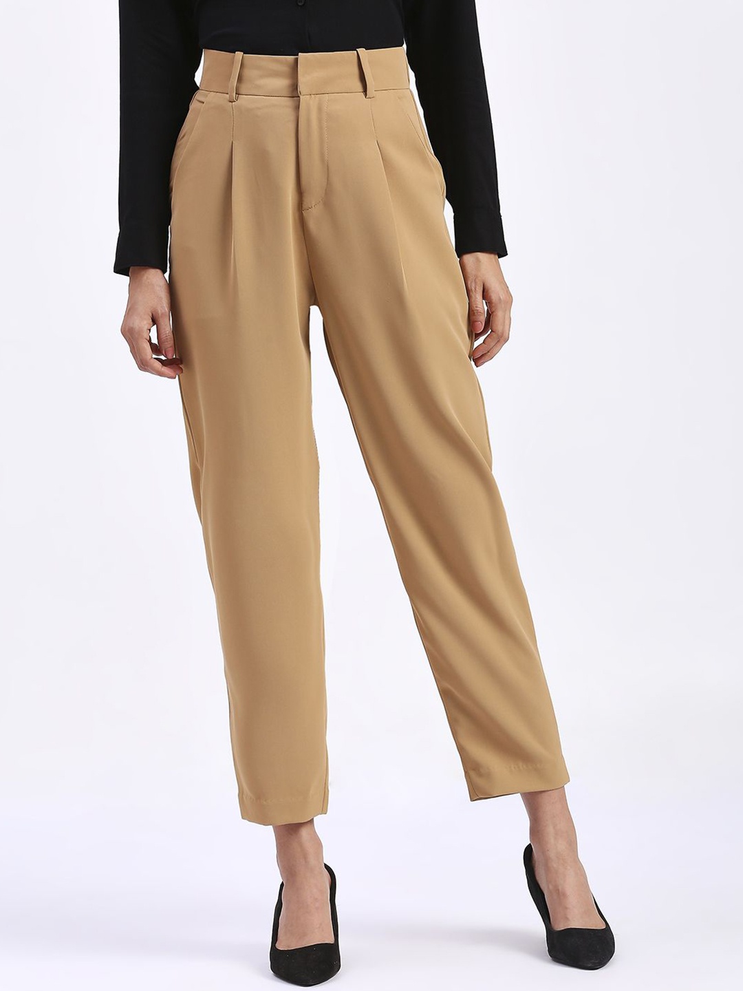 

BAESD Women Straight Fit Easy Wash Pleated Trousers, Beige