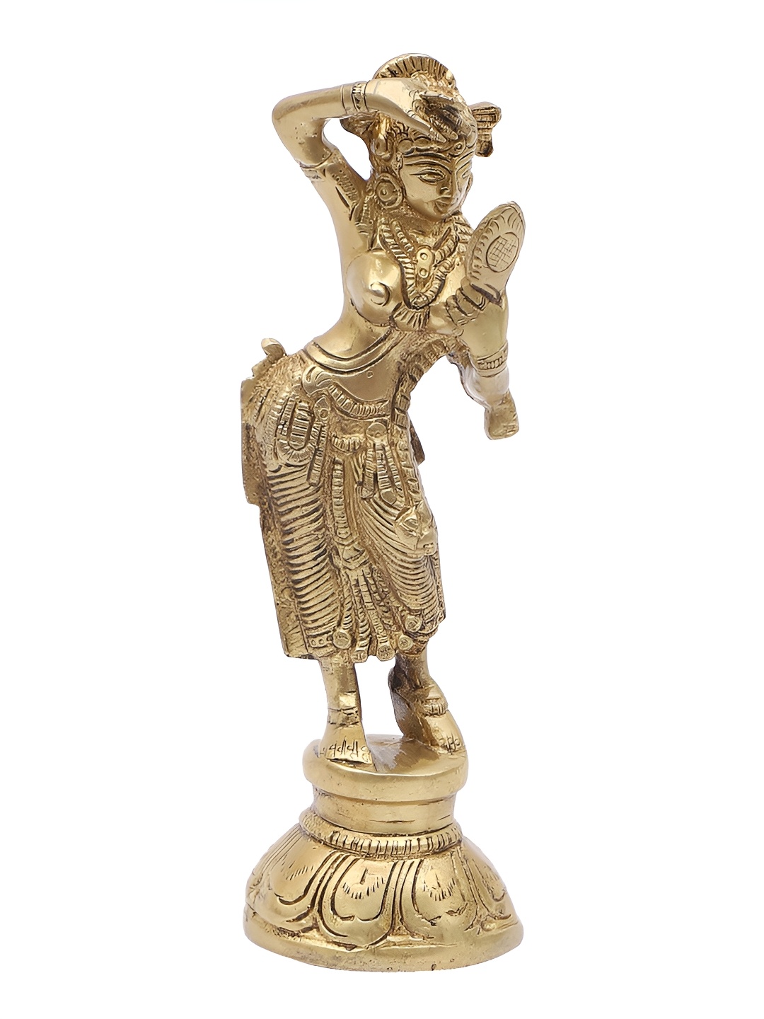 

Two Moustaches Gold Toned Religious Idol Lady with Mirror Showpiece