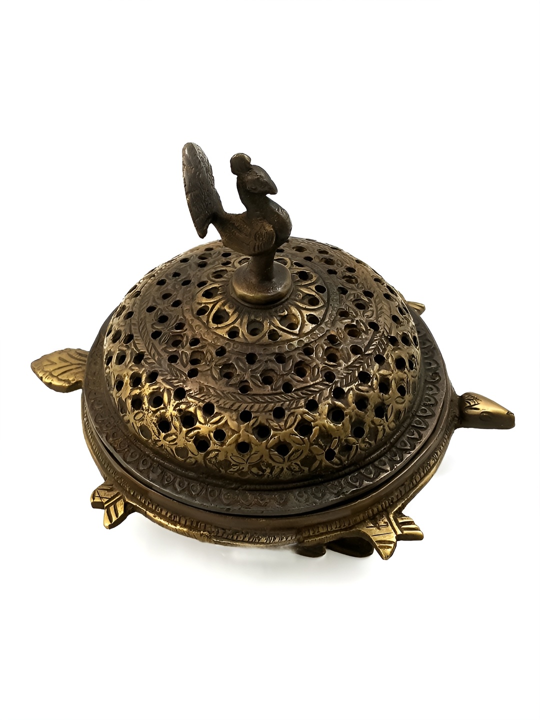 

Two Moustaches Brown Brass Peacock Incense Burner On a 3 Legged Tortoise Stand