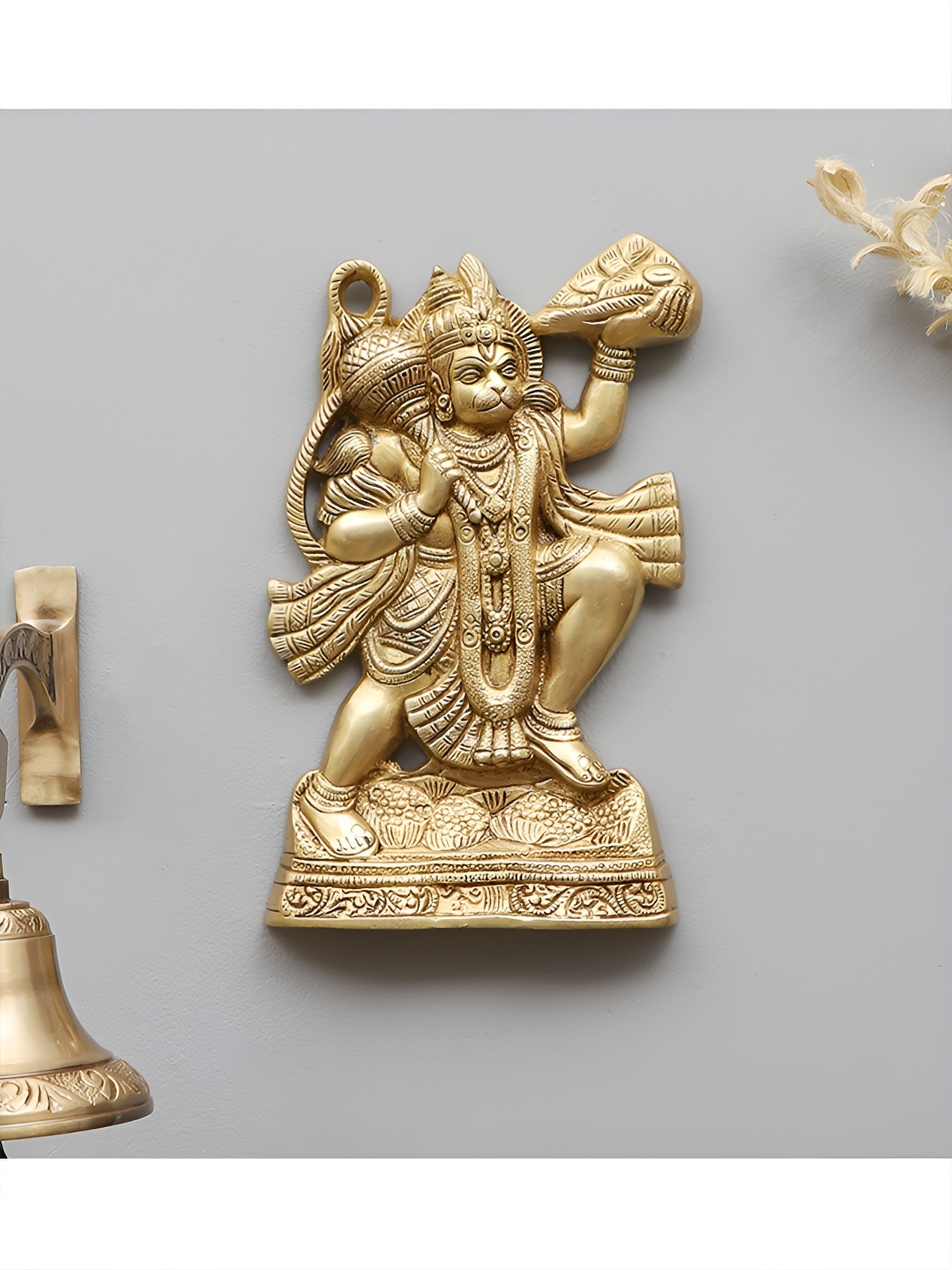 

Two Moustaches Gold Toned Mahabali Hanuman With Sanjeevani Parvat Brass Wall Hanging