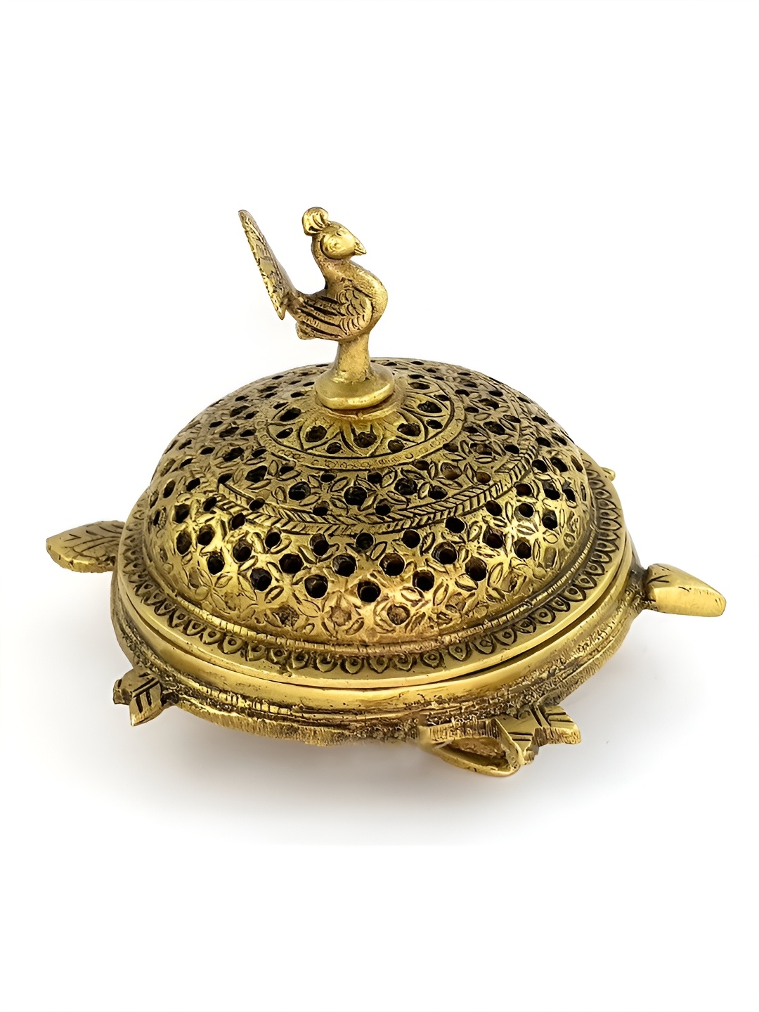 

Two Moustaches Gold toned Brass Peacock Incense Burner on a 3-Legged Tortoise Stand