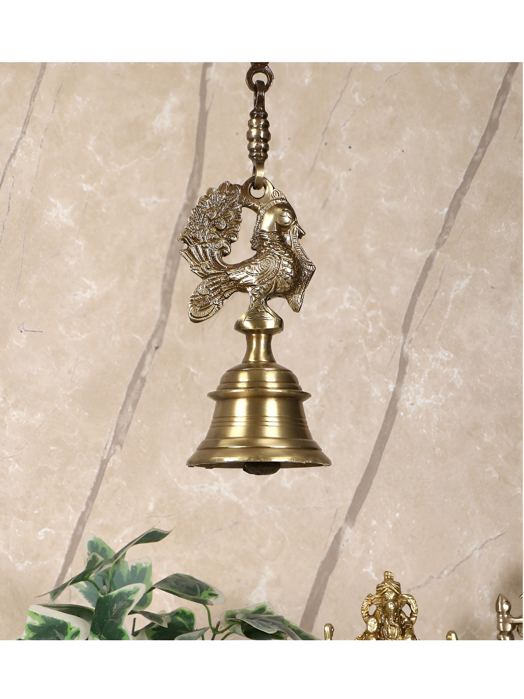 

Two Moustaches Brown Vintage Brass Temple Bell with Peacock On Chain