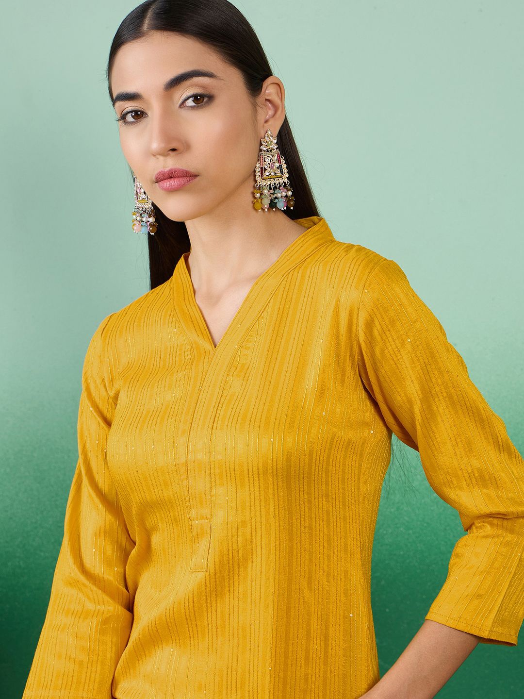 

Sangria Embroidered Straight Kurta With Trouser Set, Yellow