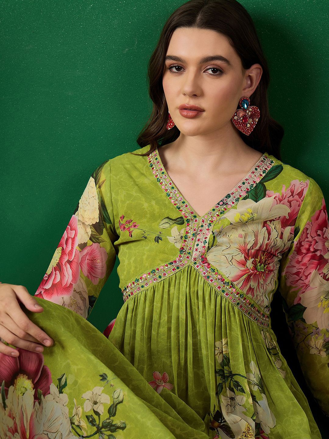 

Sangria Printed & Embroidered A-Line Kurta With Trouser Set, Green