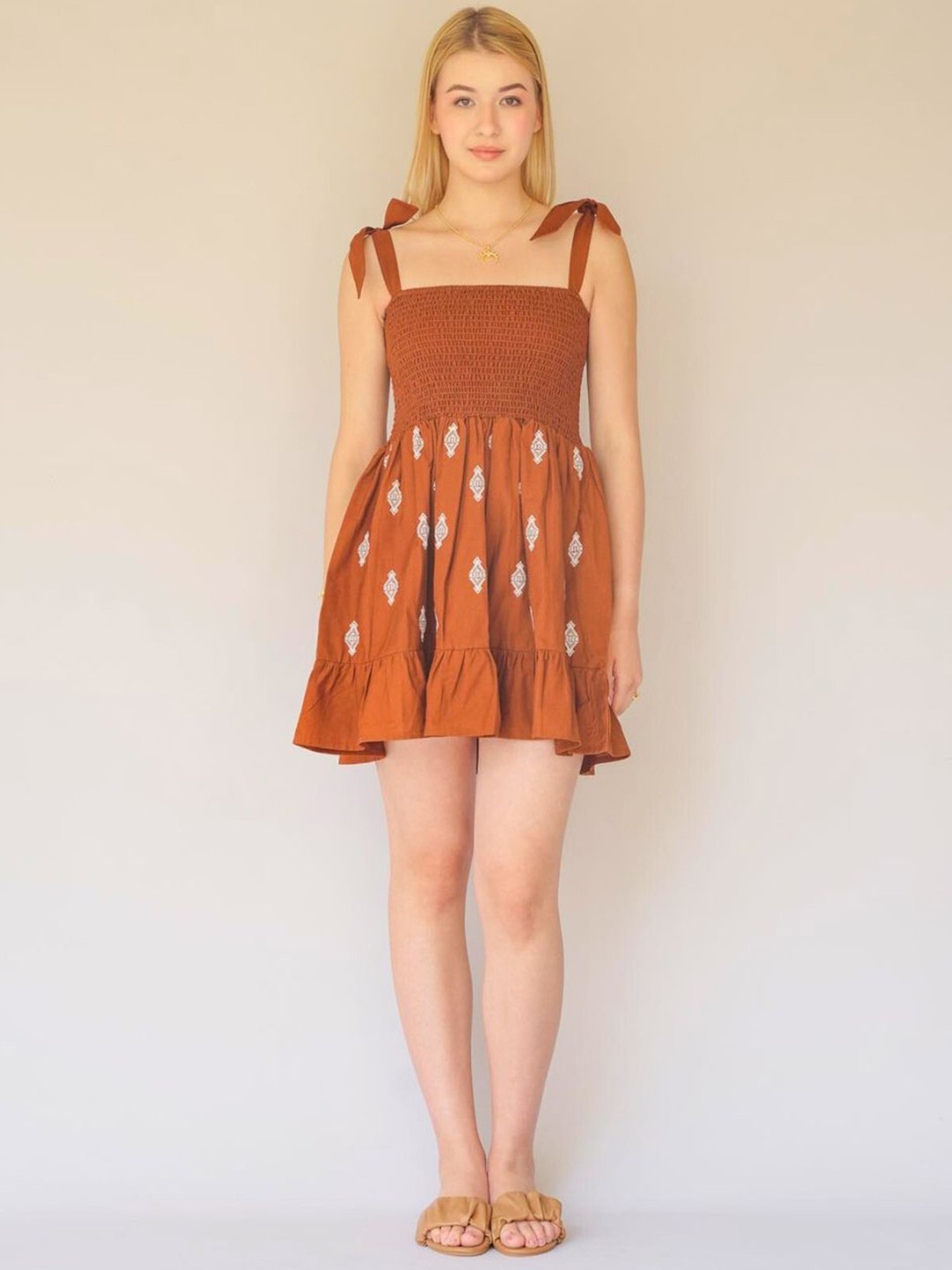 

House of Sal Floral Print Fit & Flare Mini Dress, Rust