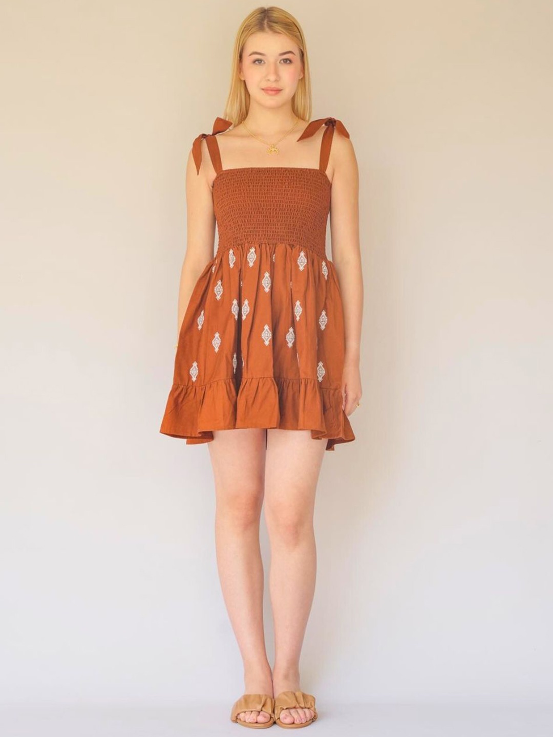 

House of Sal Floral Print Fit & Flare Mini Dress, Rust