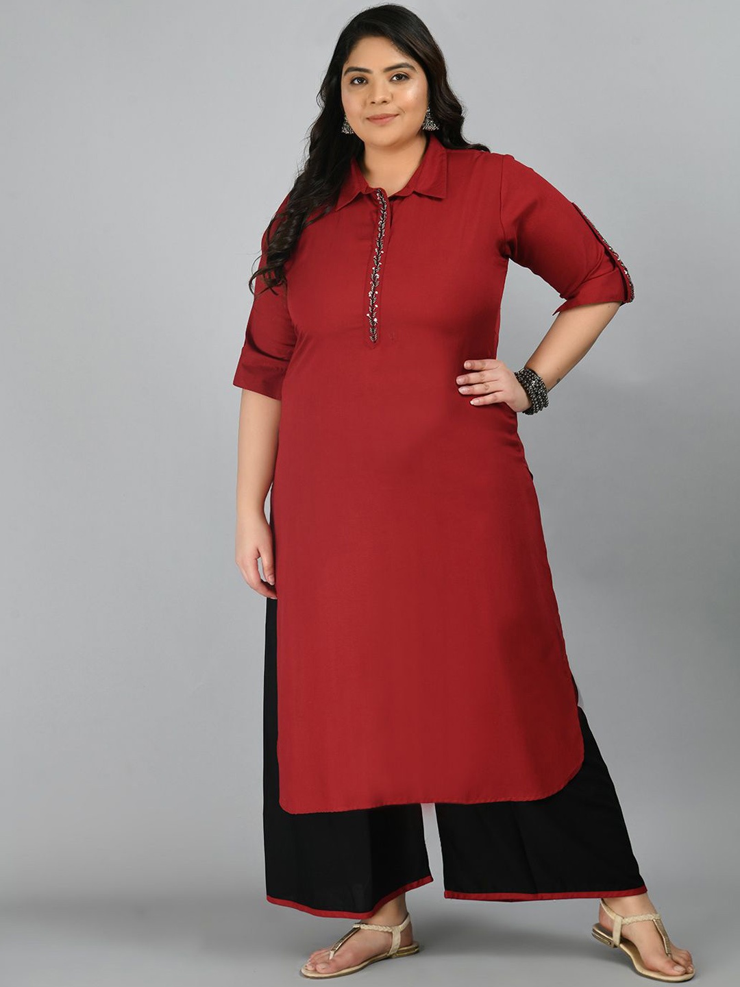 

PrettyPlus by Desinoor.com Women Regular Beads and Stones Kurta with Palazzos, Maroon