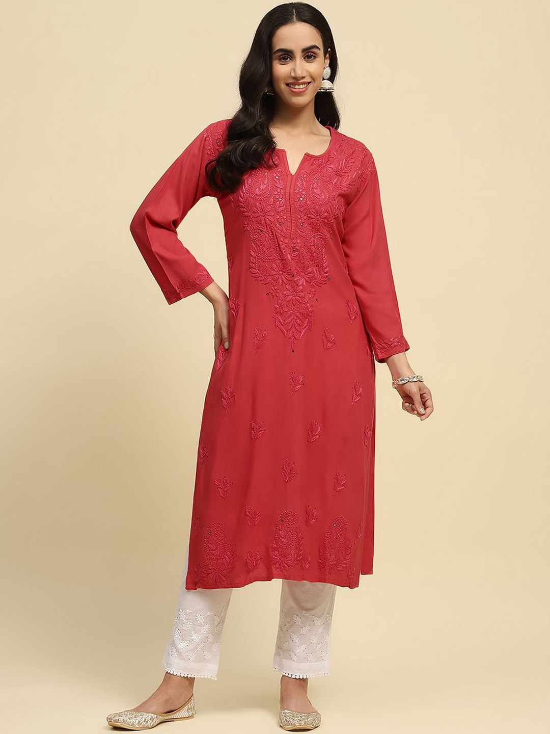 

House of Chikankari Women Embroidered Flared Sleeves Thread Work Anarkali Kurta, Pink