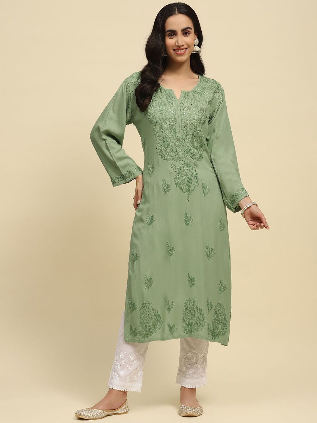 

House of Chikankari Women Keyhole Neck Flared Sleeves Chikankari Kurta, Green