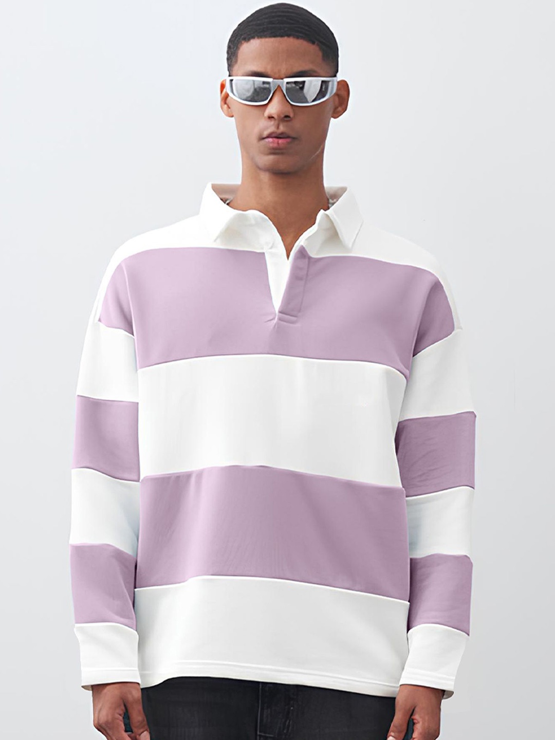 

Maniac Men Striped Colourblocked Polo Collar T-shirt, Lavender