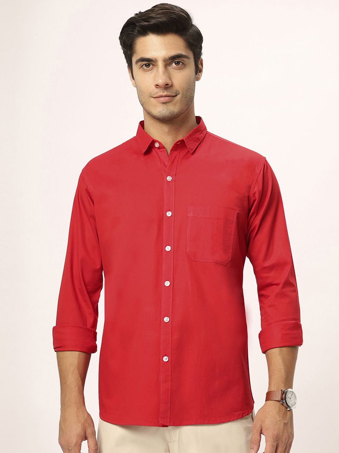 

N AND J Relaxed Spread Collar Cotton Casual Shirt, Red