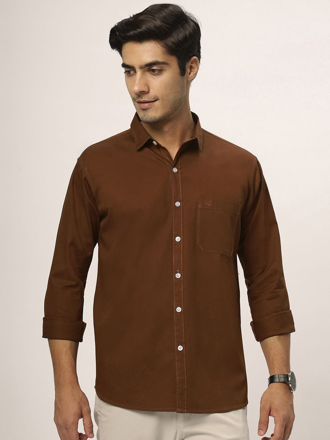 

N AND J Men Relaxed Opaque Casual Shirt, Brown