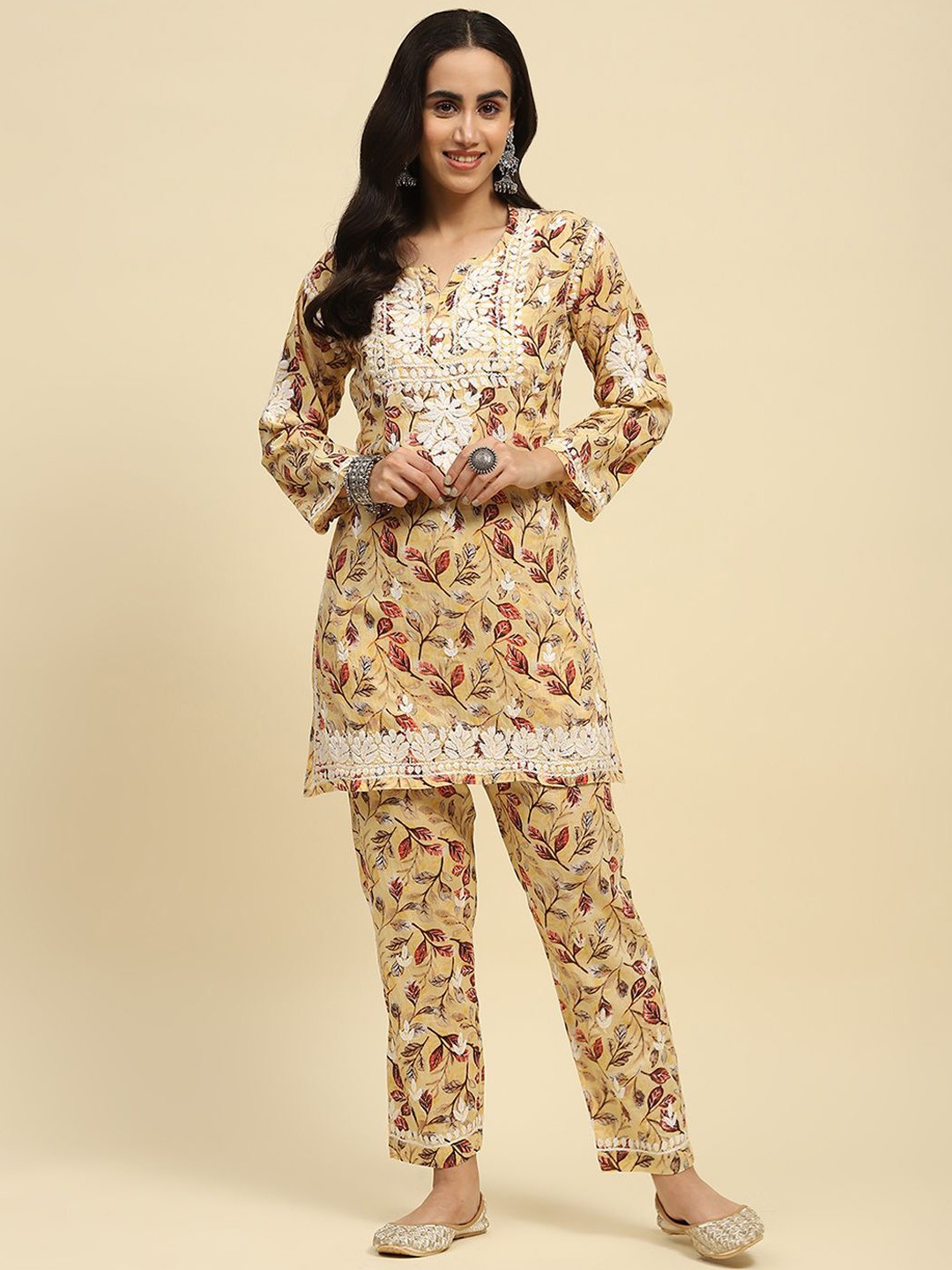 

House of Chikankari Women Floral Printed Regular Thread Work Pure Cotton Kurta with Trousers, Yellow