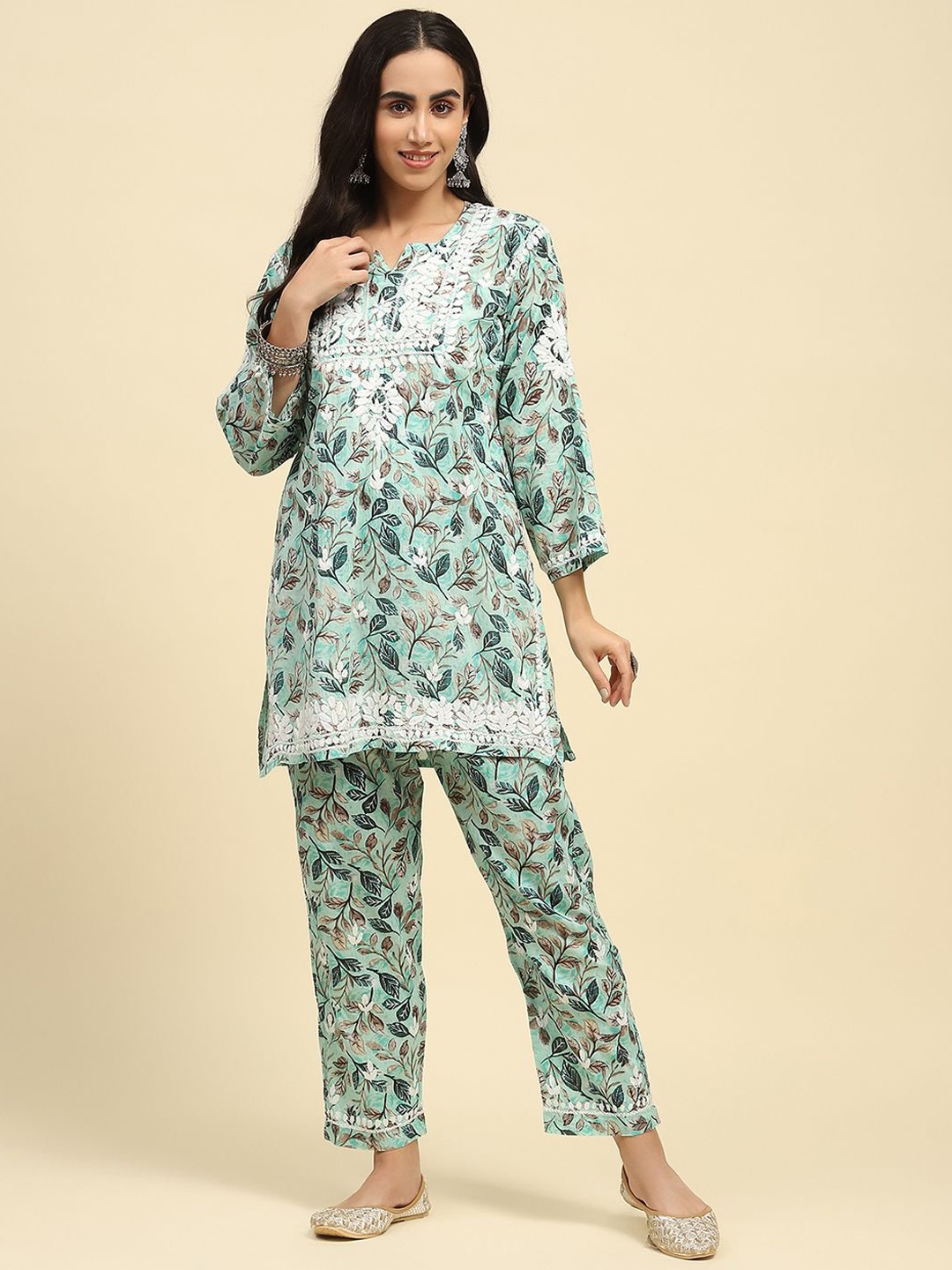 

House of Chikankari Women Floral Printed Regular Pure Cotton Kurta with Trousers, Blue
