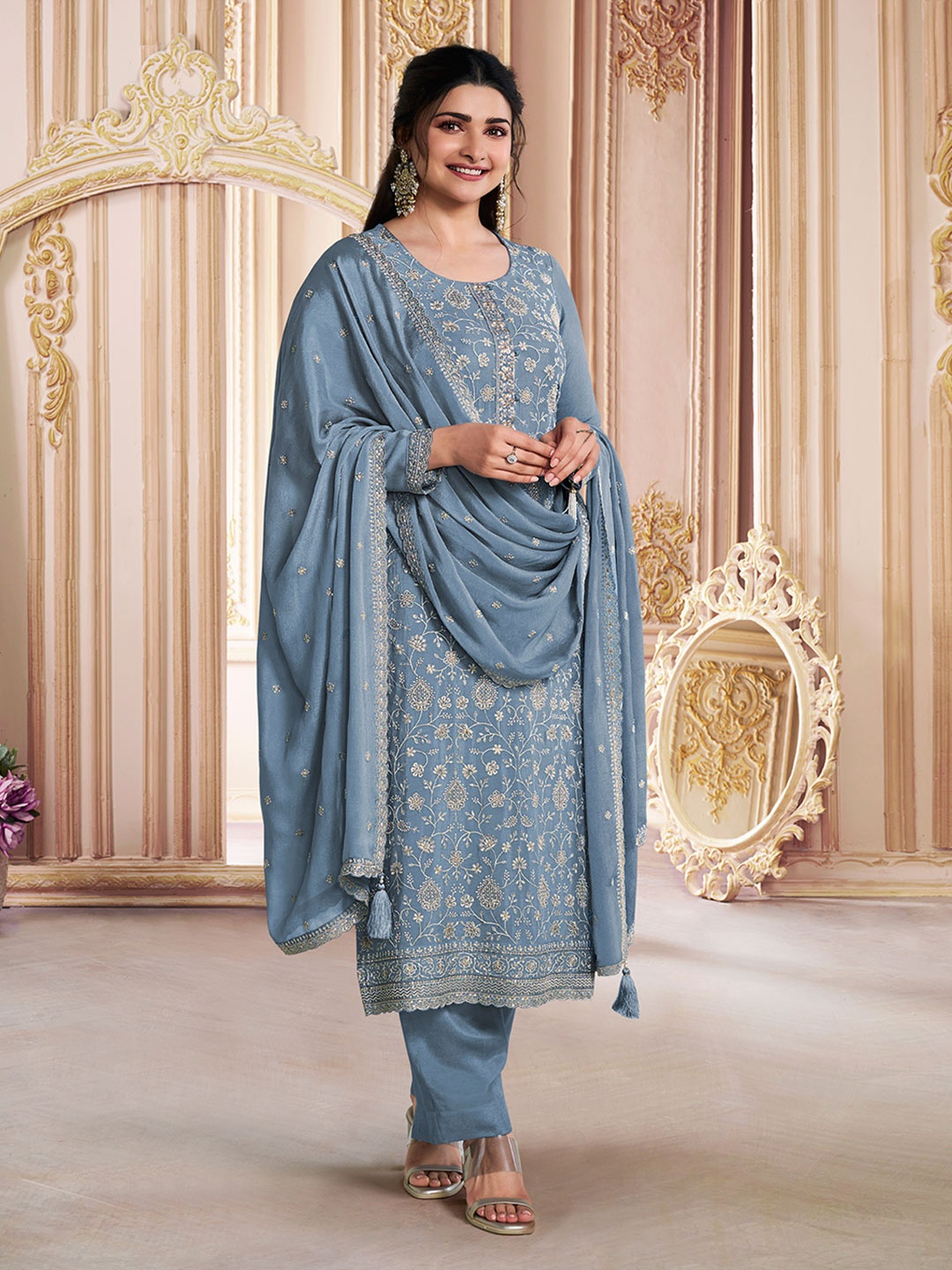 

Seerat Women Ethnic Motifs Embroidered Regular Thread Work Silk Chiffon Kurti with Trousers & With Dupatta, Blue