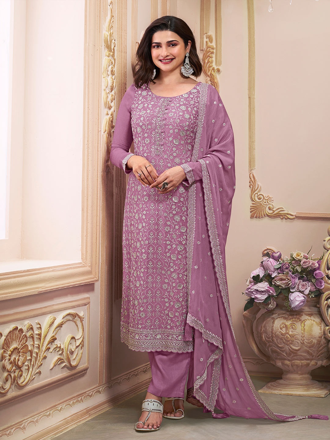 

Seerat Women Ethnic Motifs Embroidered Regular Thread Work Silk Chiffon Kurta with Trousers & With Dupatta, Lavender