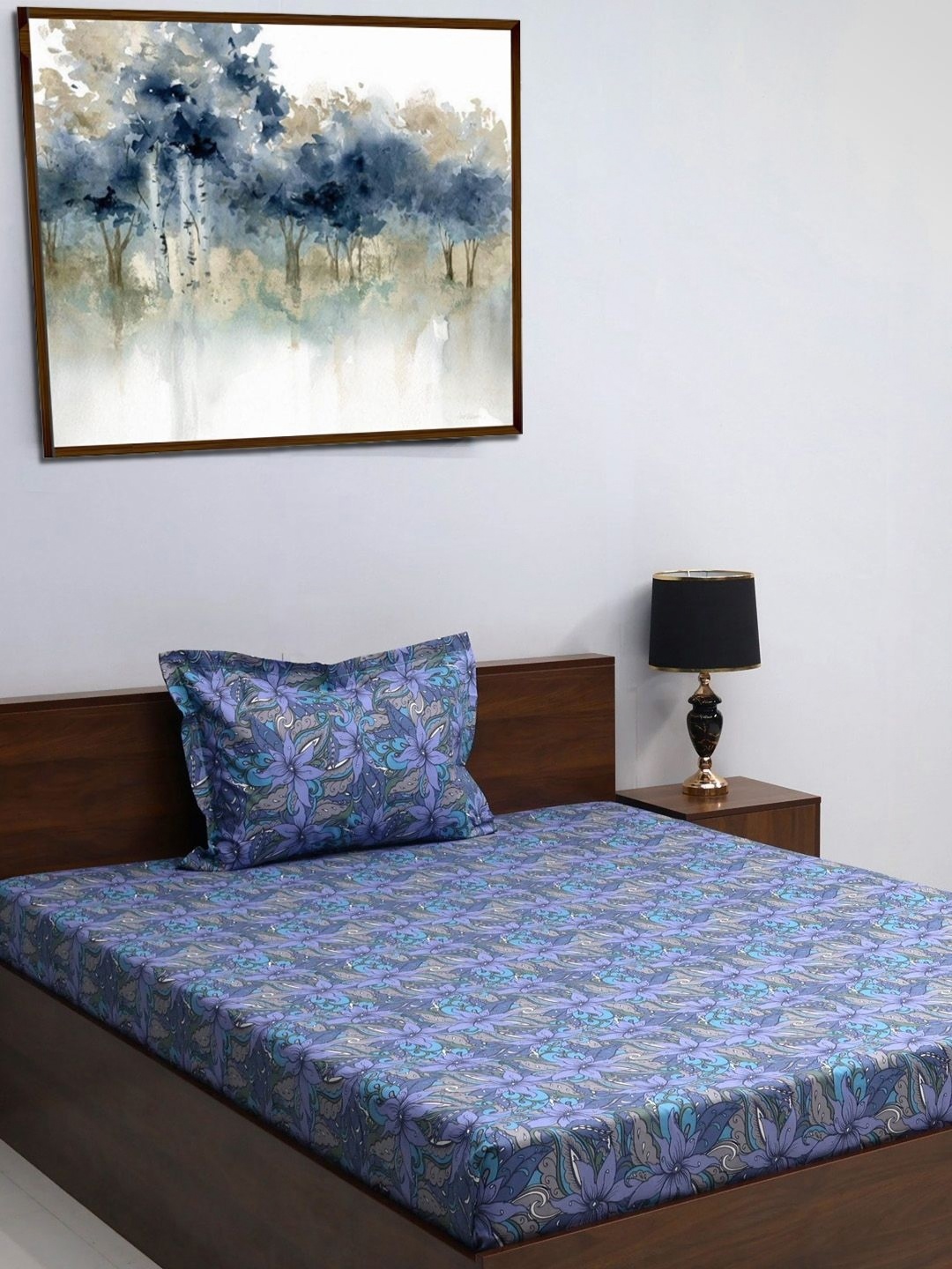 

BOMBAY DYEING Blue & Purple Floral 120 TC Single Bedsheet with 1 Pillow Covers
