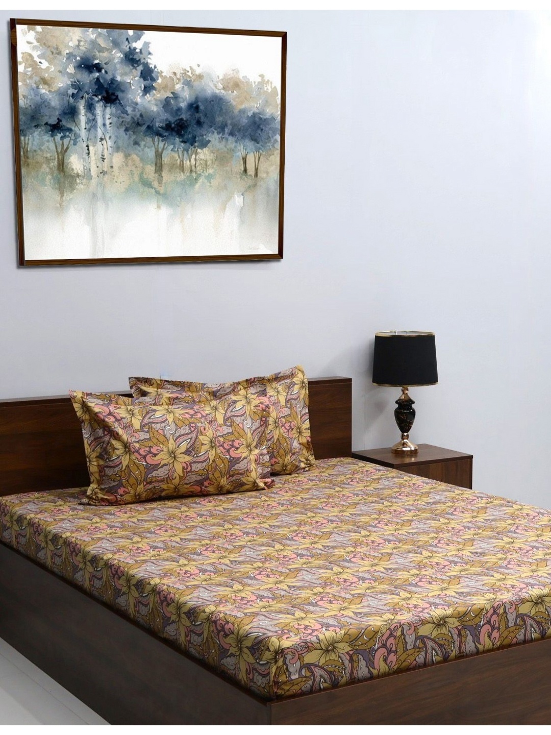 

BOMBAY DYEING Yellow & Grey Floral 120 TC King Bedsheet with 2 Pillow Covers