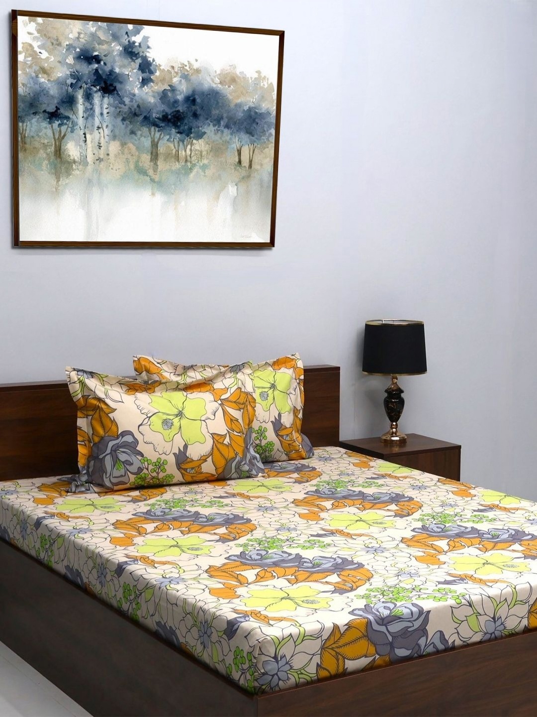 

BOMBAY DYEING Yellow & Grey Floral 120 TC Queen Bedsheet with 2 Pillow Covers