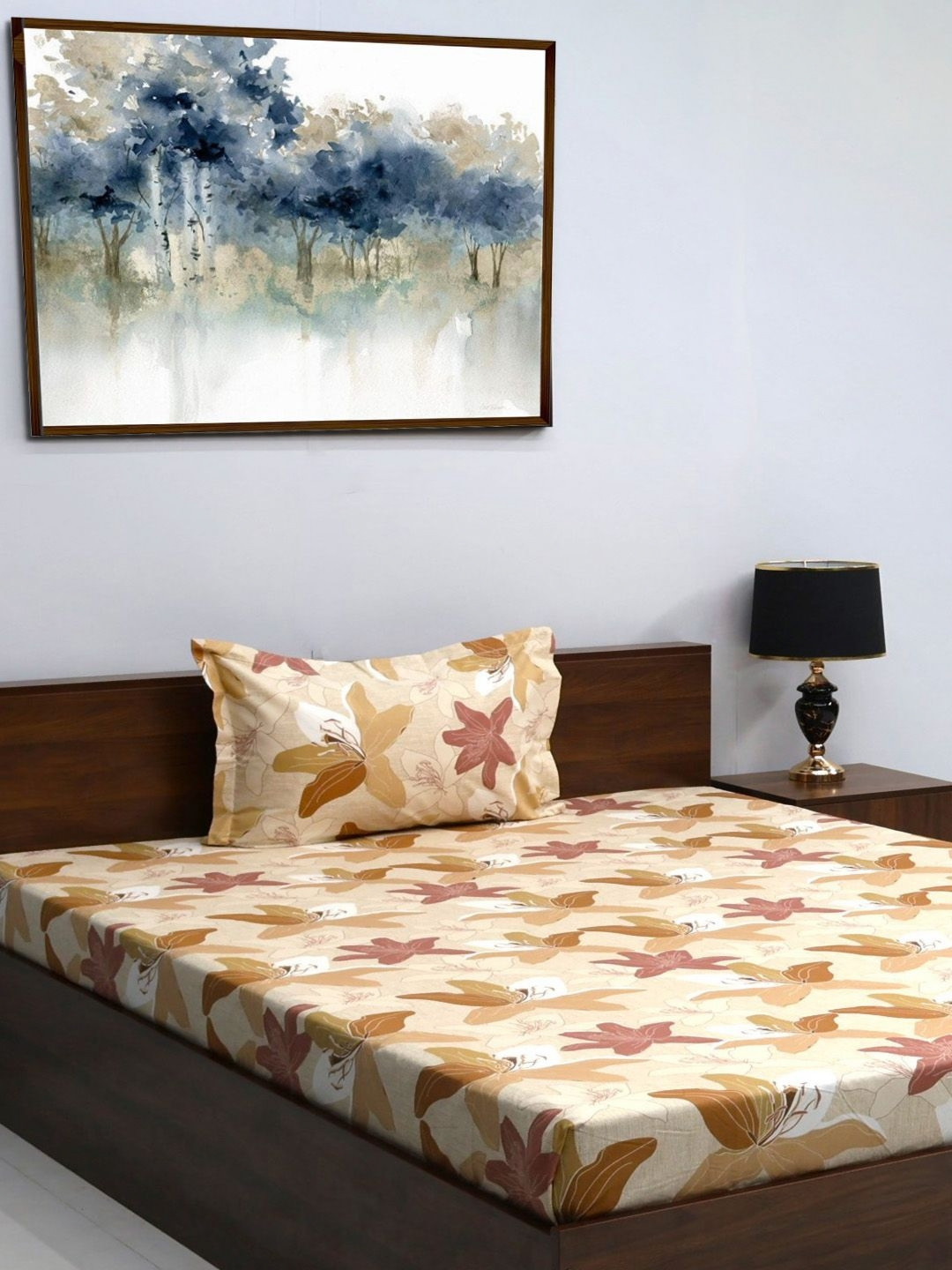 

BOMBAY DYEING Brown & Beige Floral 120 TC Single Bedsheet with 1 Pillow Covers
