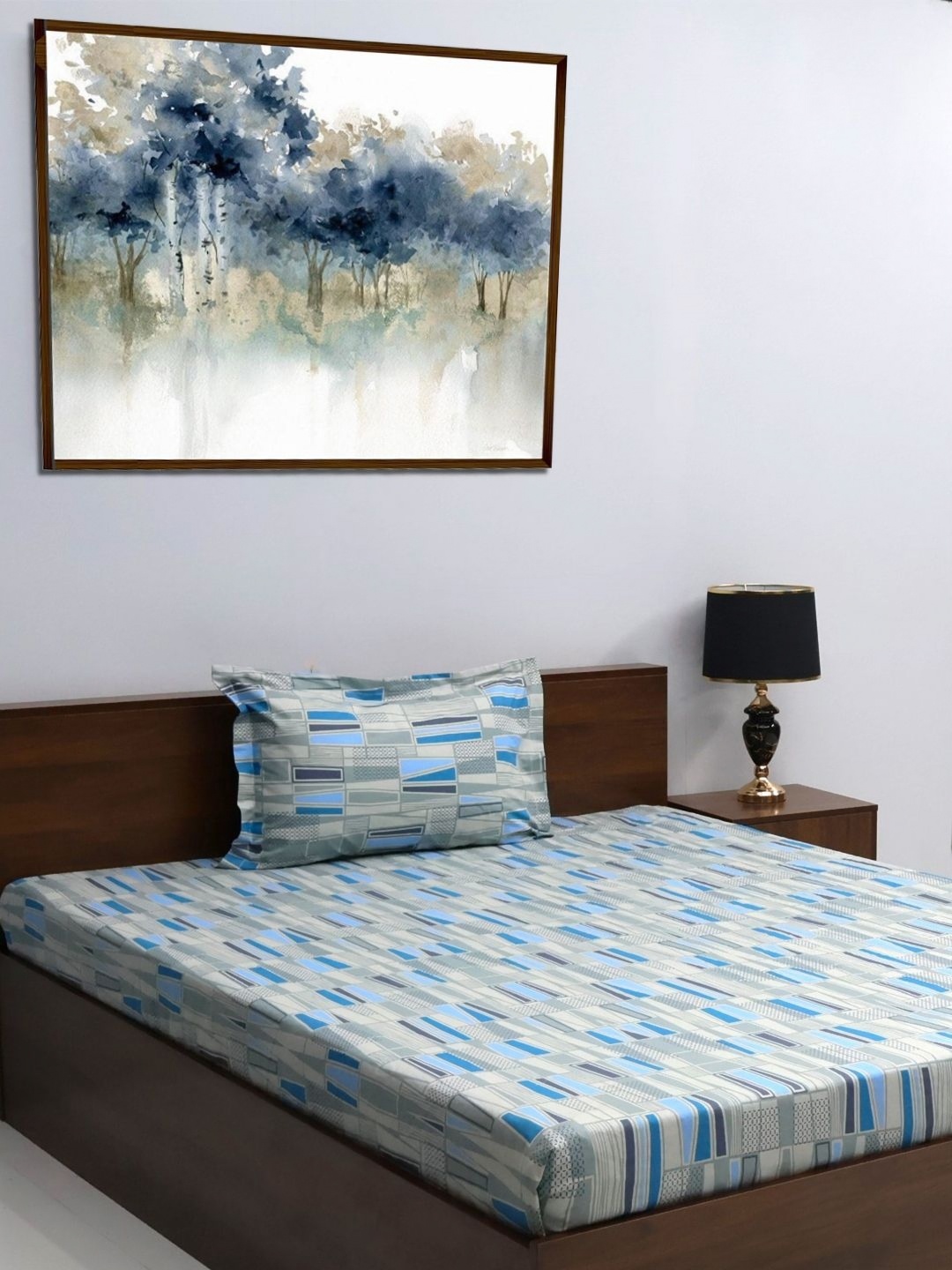 

BOMBAY DYEING Blue & White Geometric 120 TC Single Bedsheet with 1 Pillow Covers