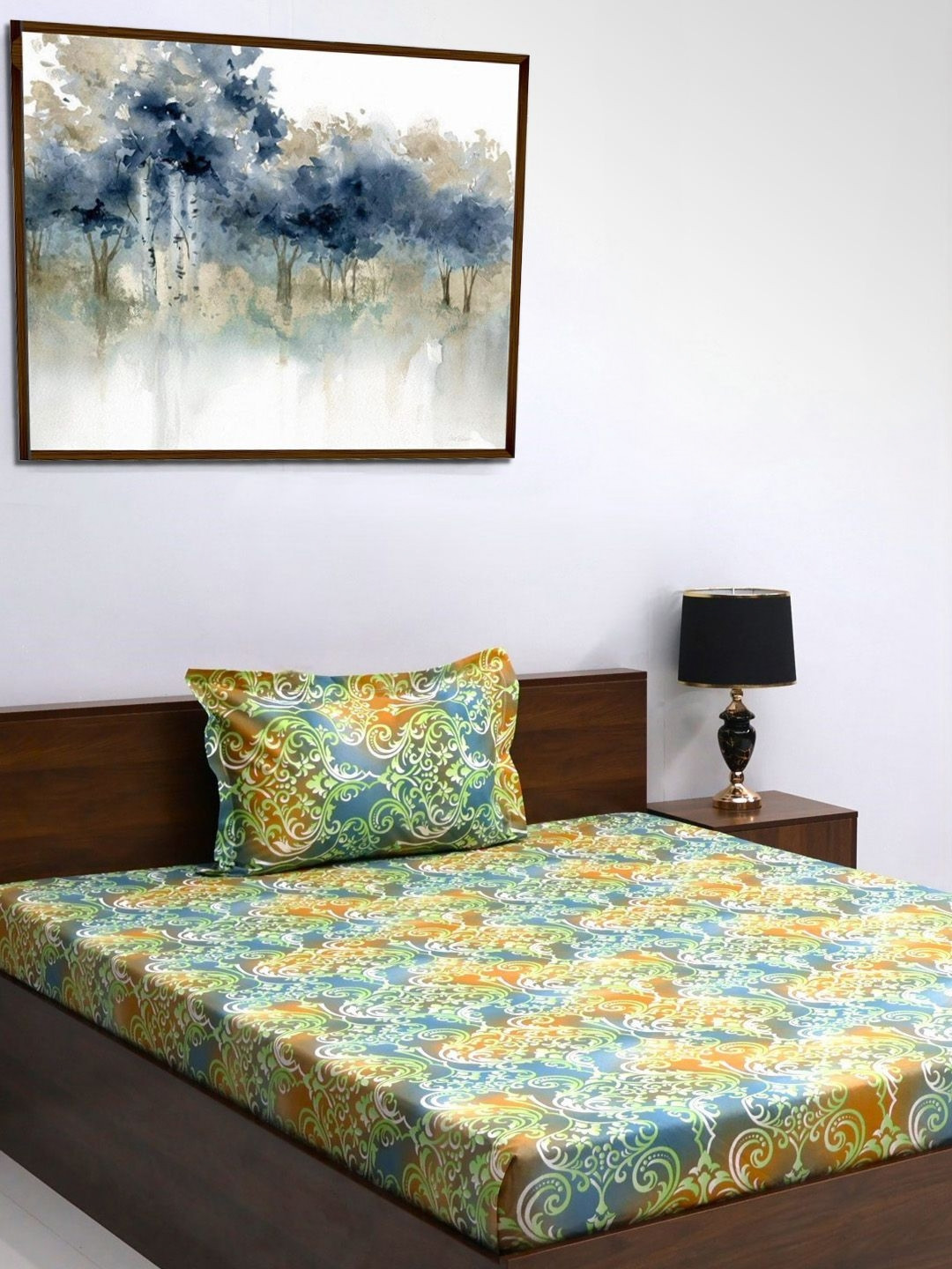

BOMBAY DYEING Yellow & Blue Floral 120 TC Single Bedsheet with 1 Pillow Covers