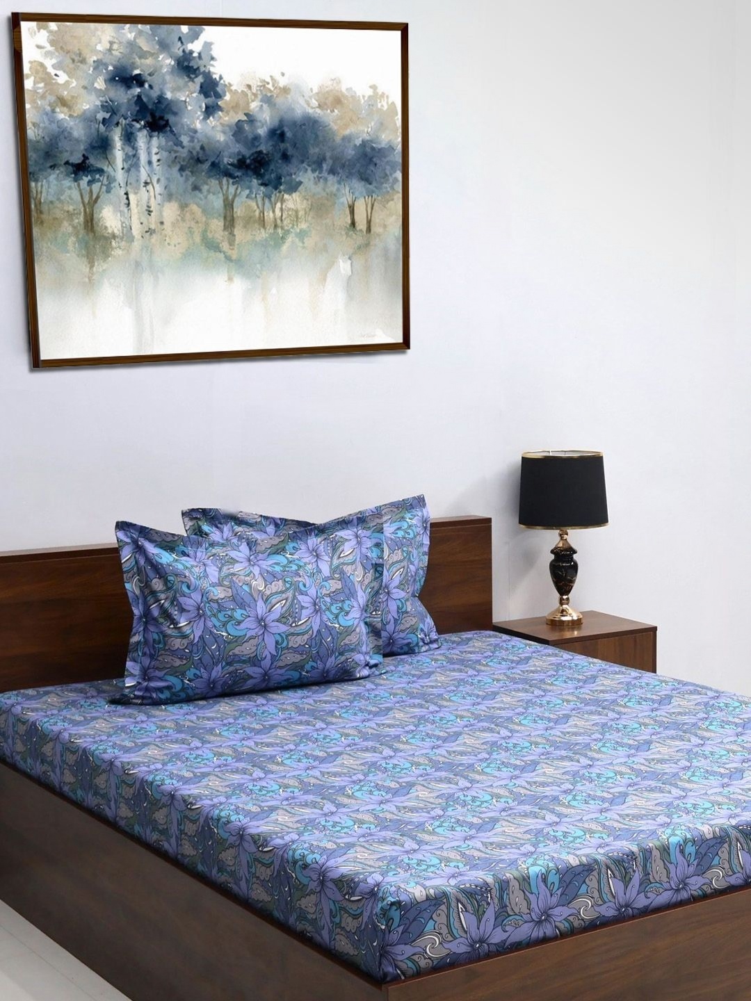 

BOMBAY DYEING Blue & Brown Floral 120 TC Queen Bedsheet with 2 Pillow Covers