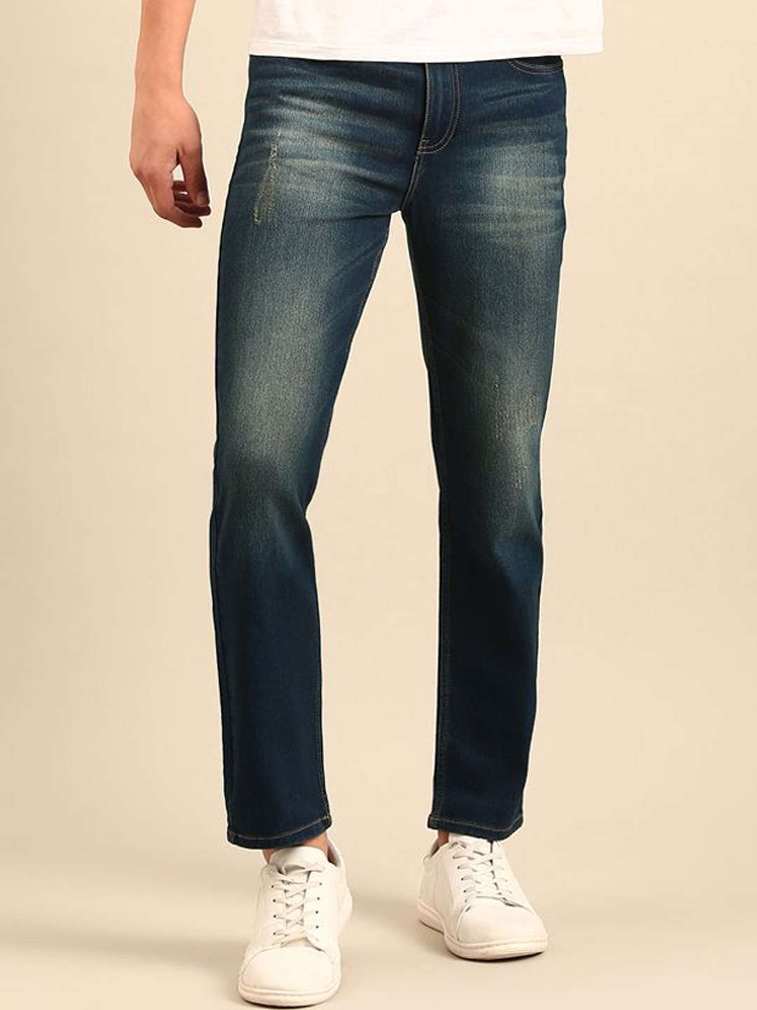 

Mast & Harbour Men Relaxed Fit Low Distress Light Fade Stretchable Jeans, Blue