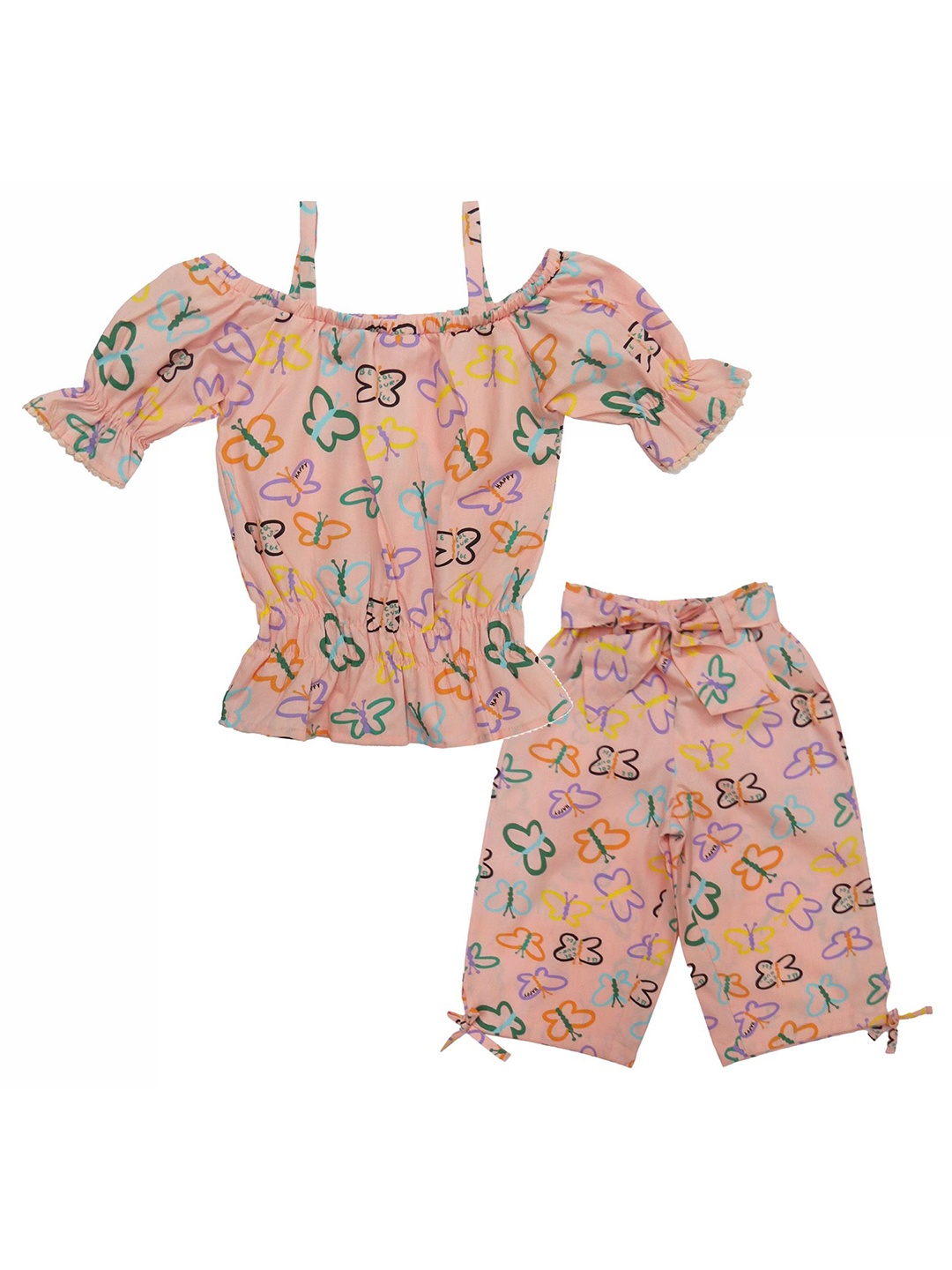 

Clothe Funn Girls Printed Top with Capris, Peach