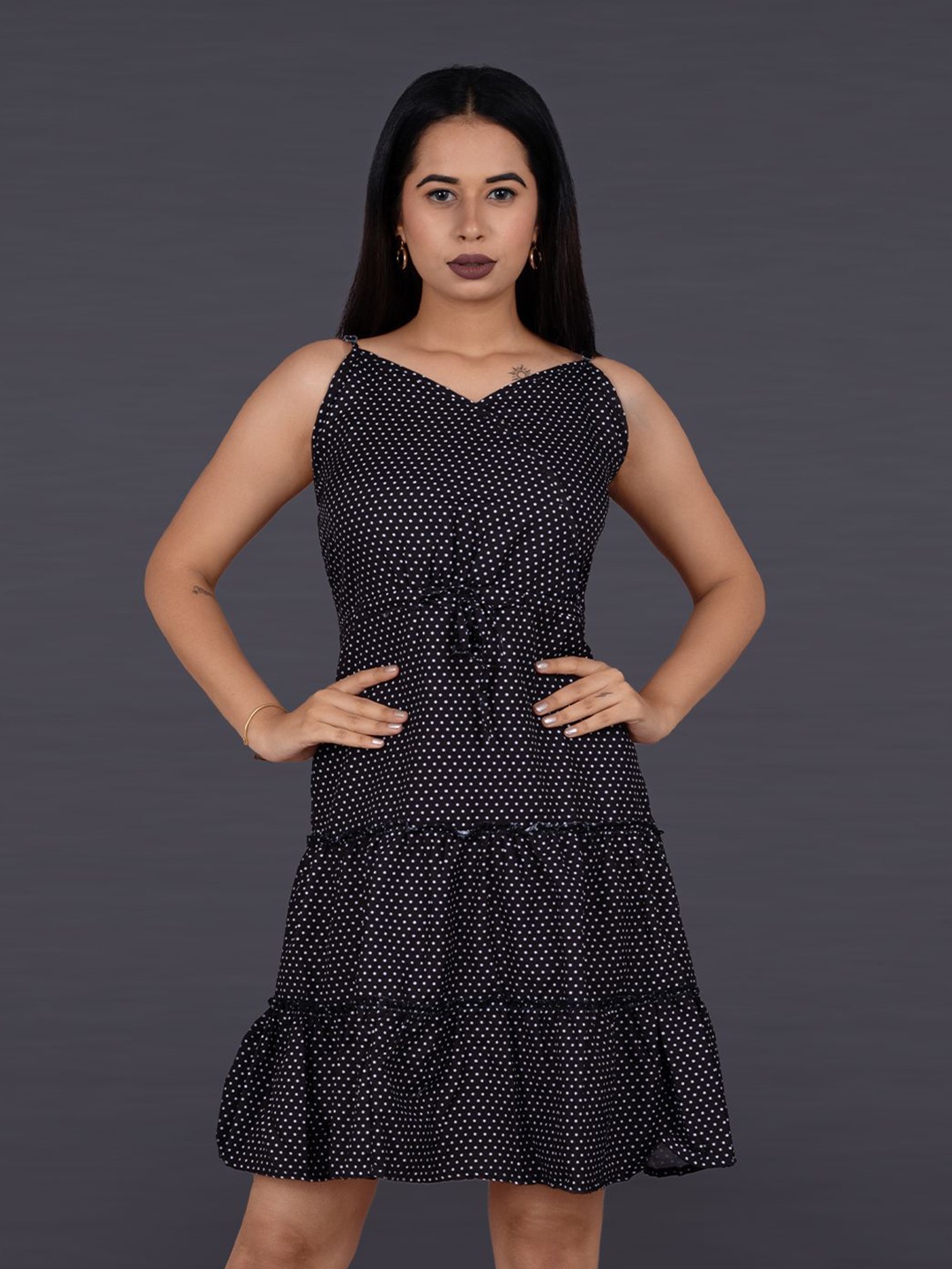 

La Aimee Polka Dot Print Layered Crepe Fit & Flare Dress, Black