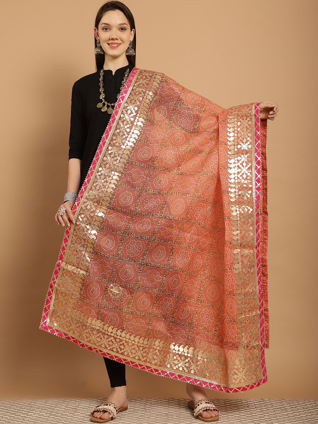 

SOUNDARYA Printed Pure Cotton Bandhani Dupatta with Gotta Patti, Peach
