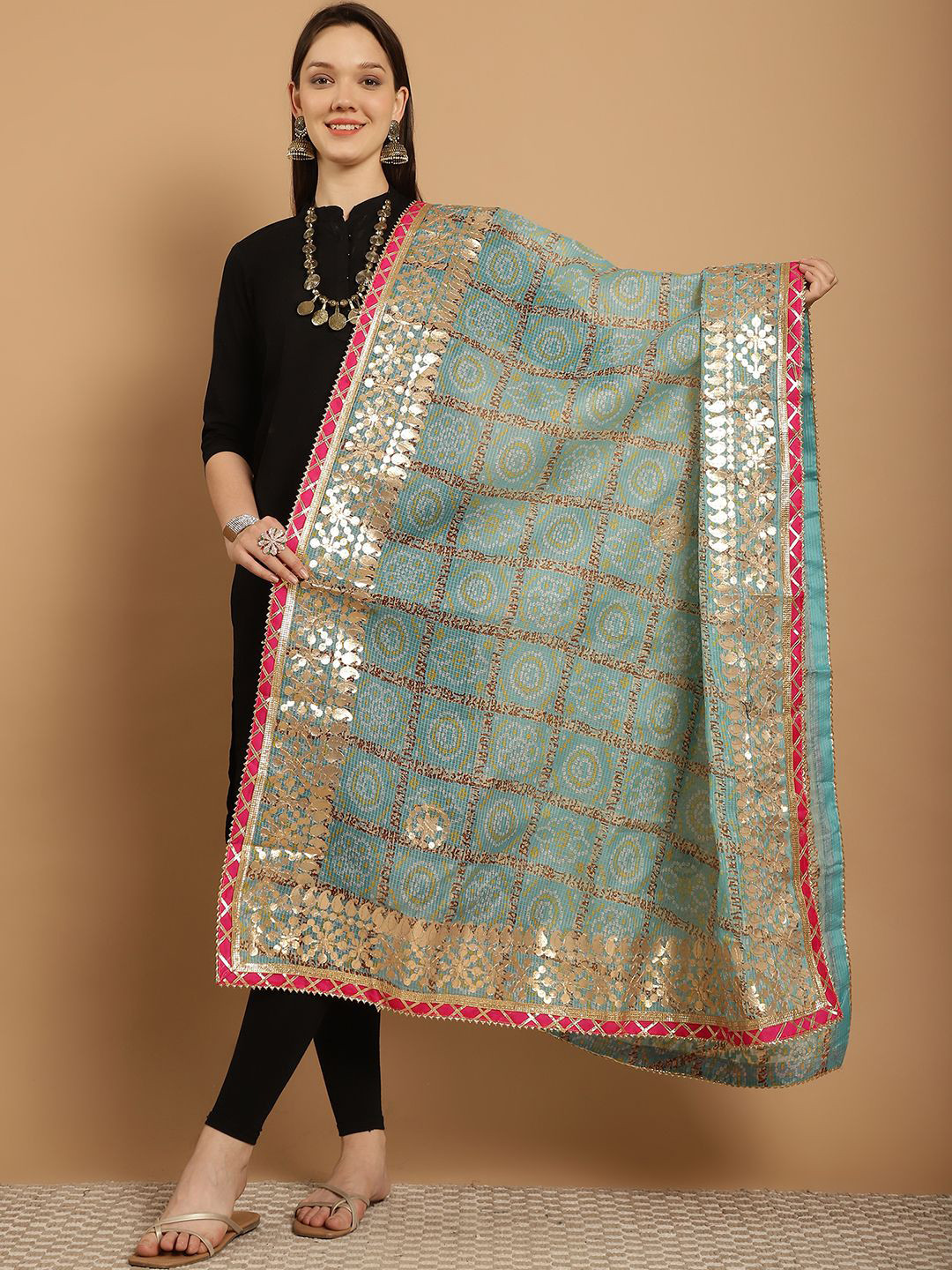 

SOUNDARYA Printed Pure Cotton Bandhani Dupatta with Gotta Patti, Turquoise blue