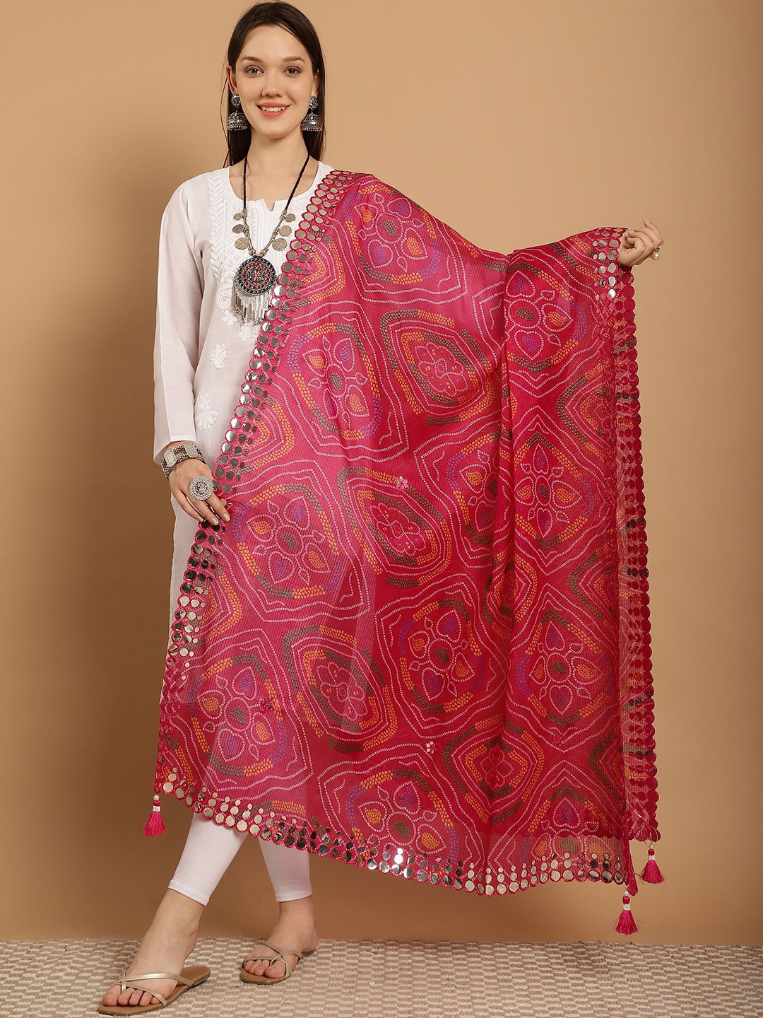 

SOUNDARYA Embroidered Pure Cotton Bandhani Dupatta with Mirror Work, Magenta