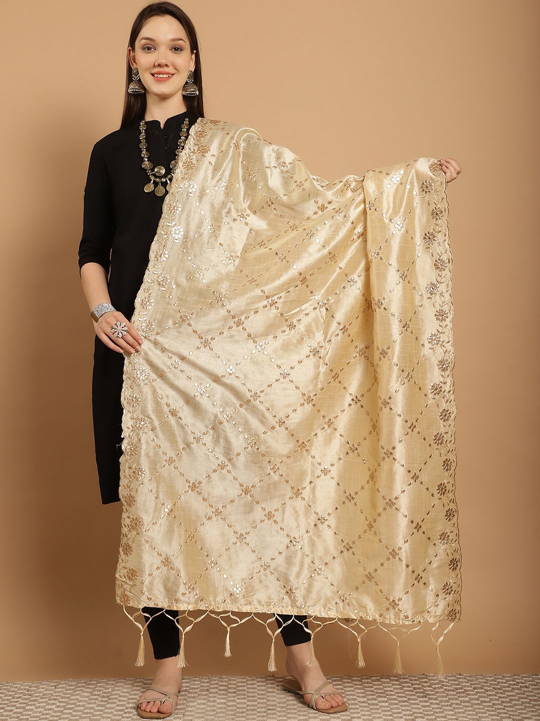 

SOUNDARYA Ethnic Motifs Embroidered Dupatta with Gotta Patti, Cream