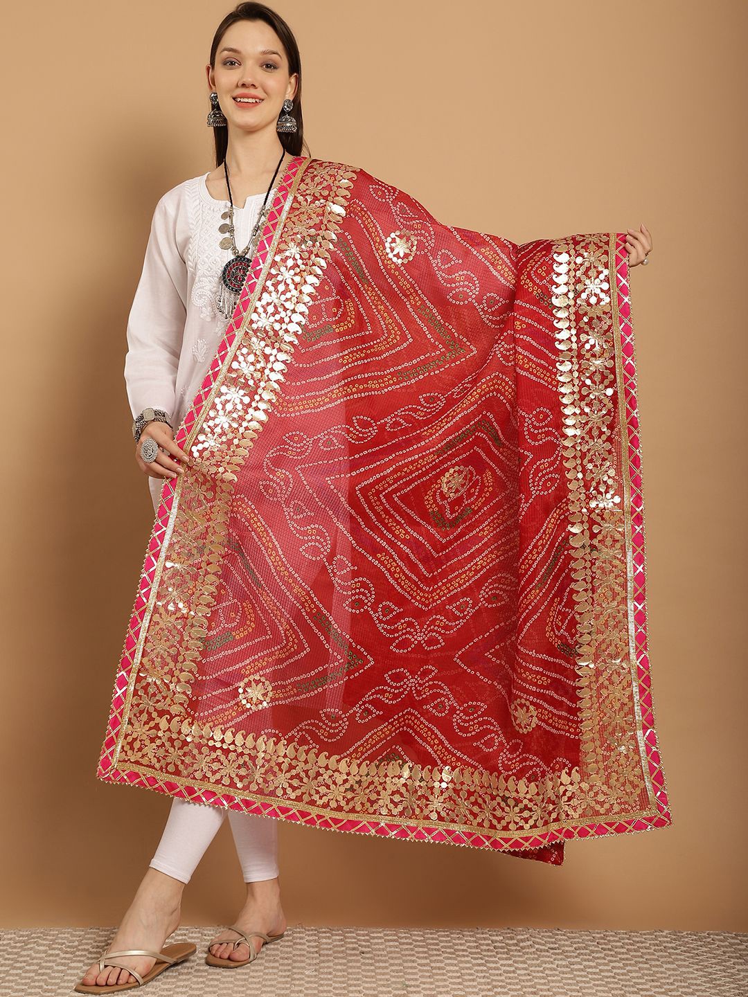SOUNDARYA Printed Pure Cotton Bandhani Dupatta with Gotta Patti, Red