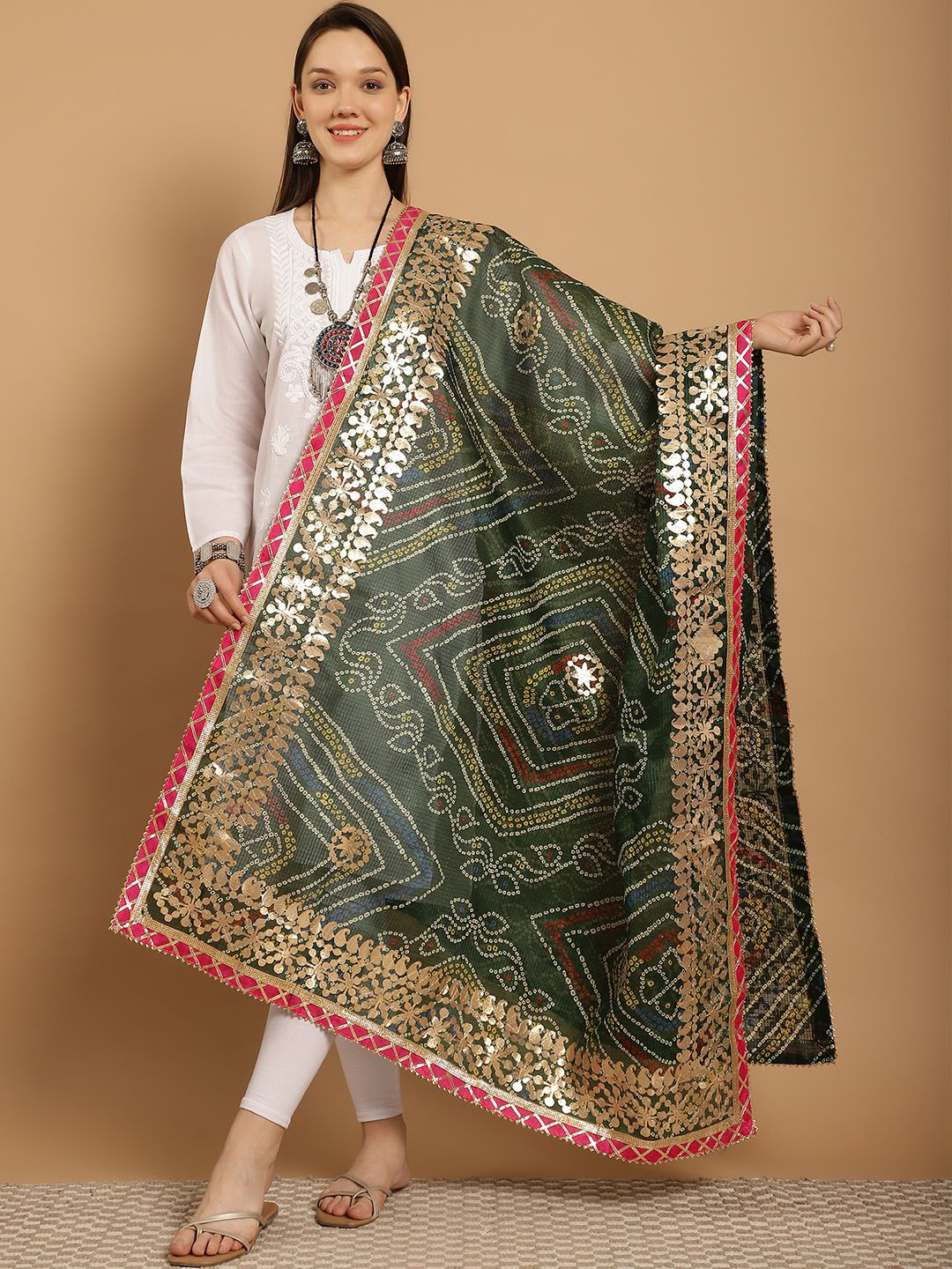 

SOUNDARYA Printed Pure Cotton Bandhani Dupatta with Gotta Patti, Green
