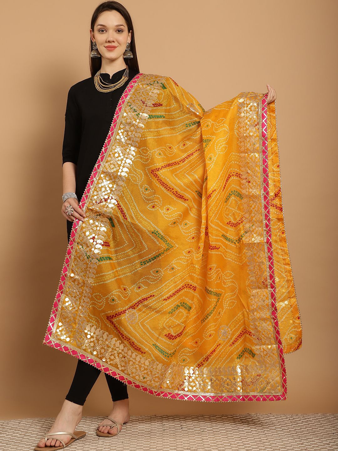 

SOUNDARYA Printed Pure Cotton Bandhani Dupatta with Gotta Patti, Yellow