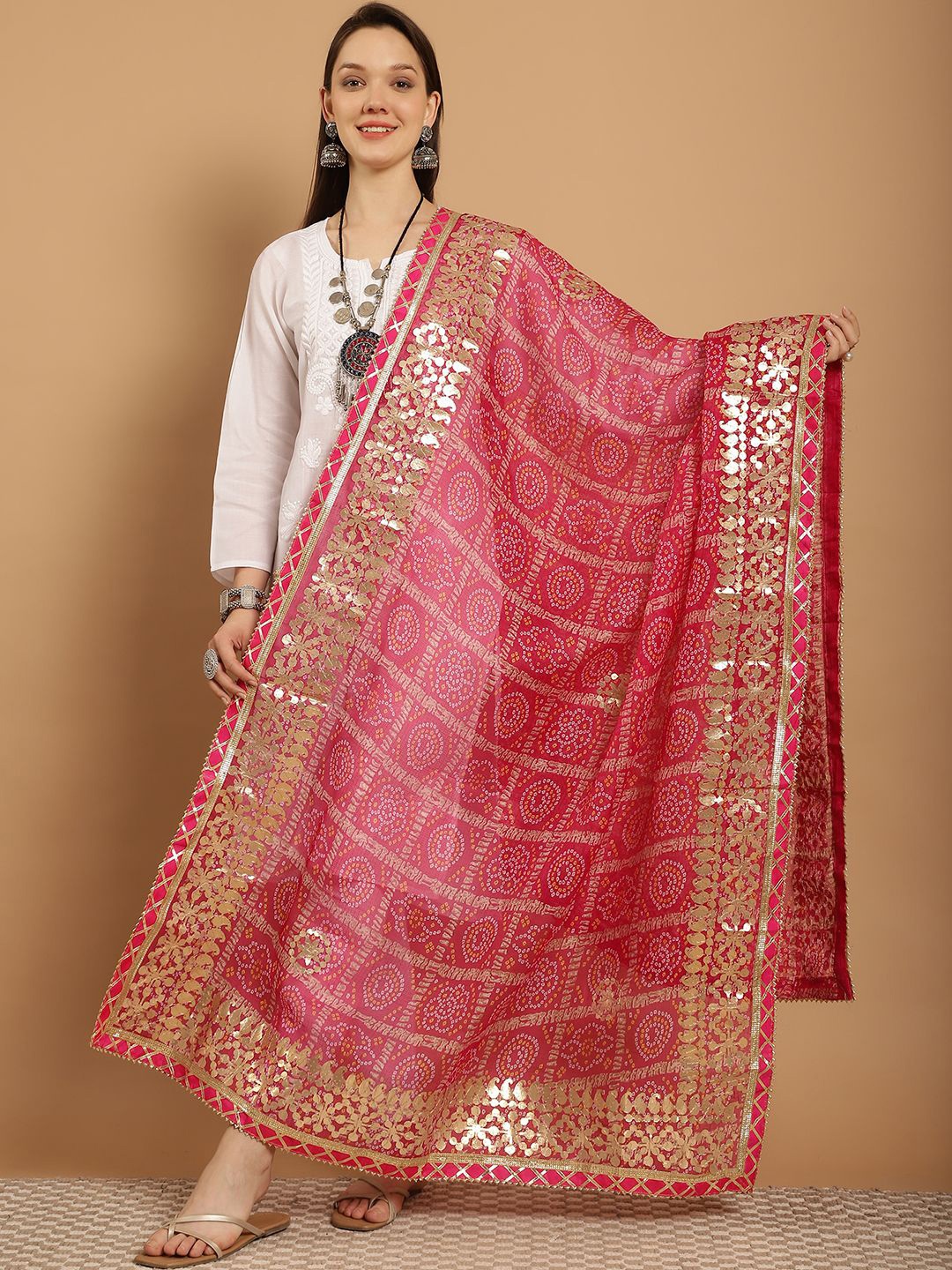 

SOUNDARYA Printed Pure Cotton Bandhani Dupatta with Gotta Patti, Pink
