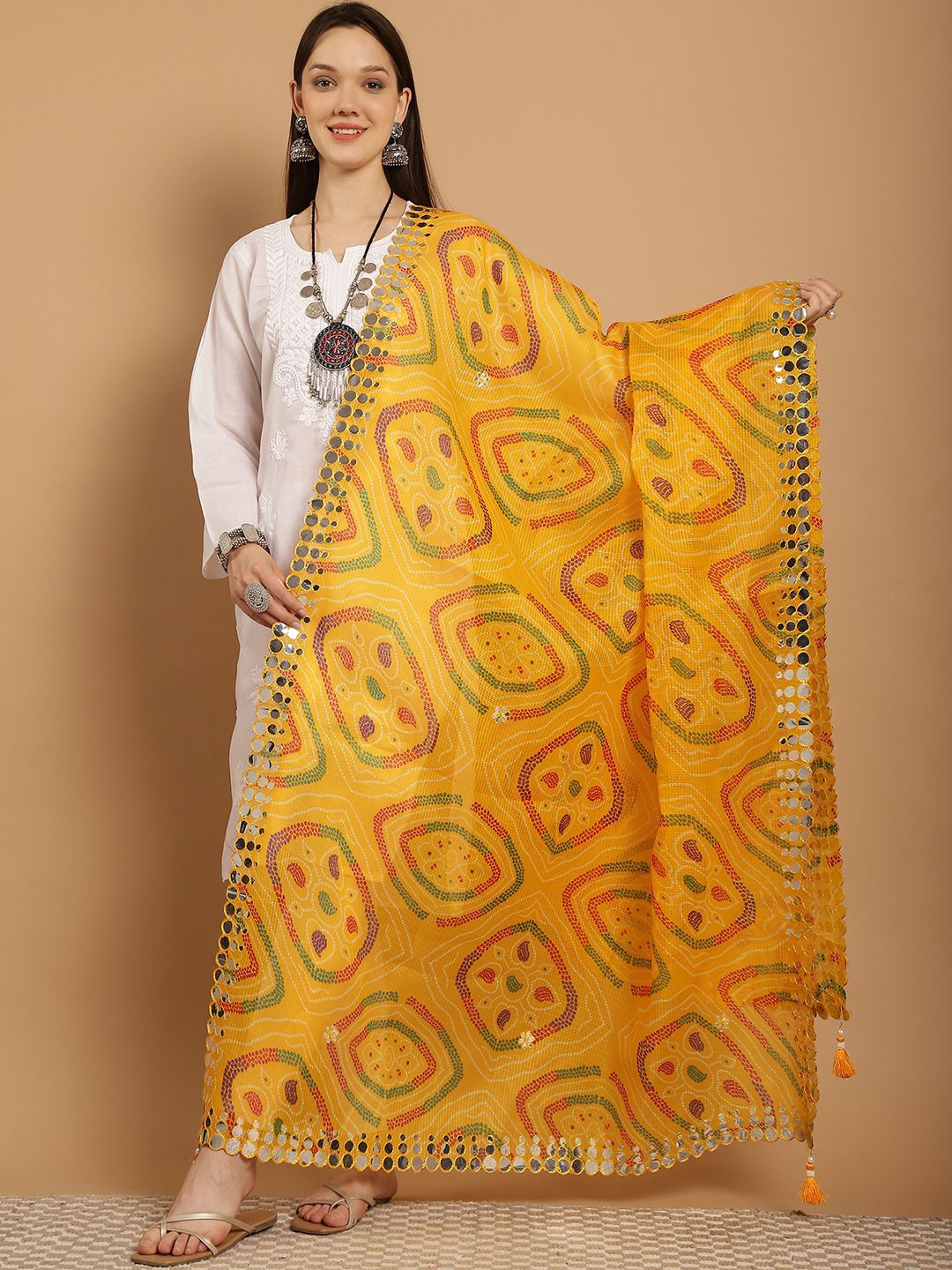 

SOUNDARYA Printed Pure Cotton Bandhani Dupatta with Sequinned, Yellow