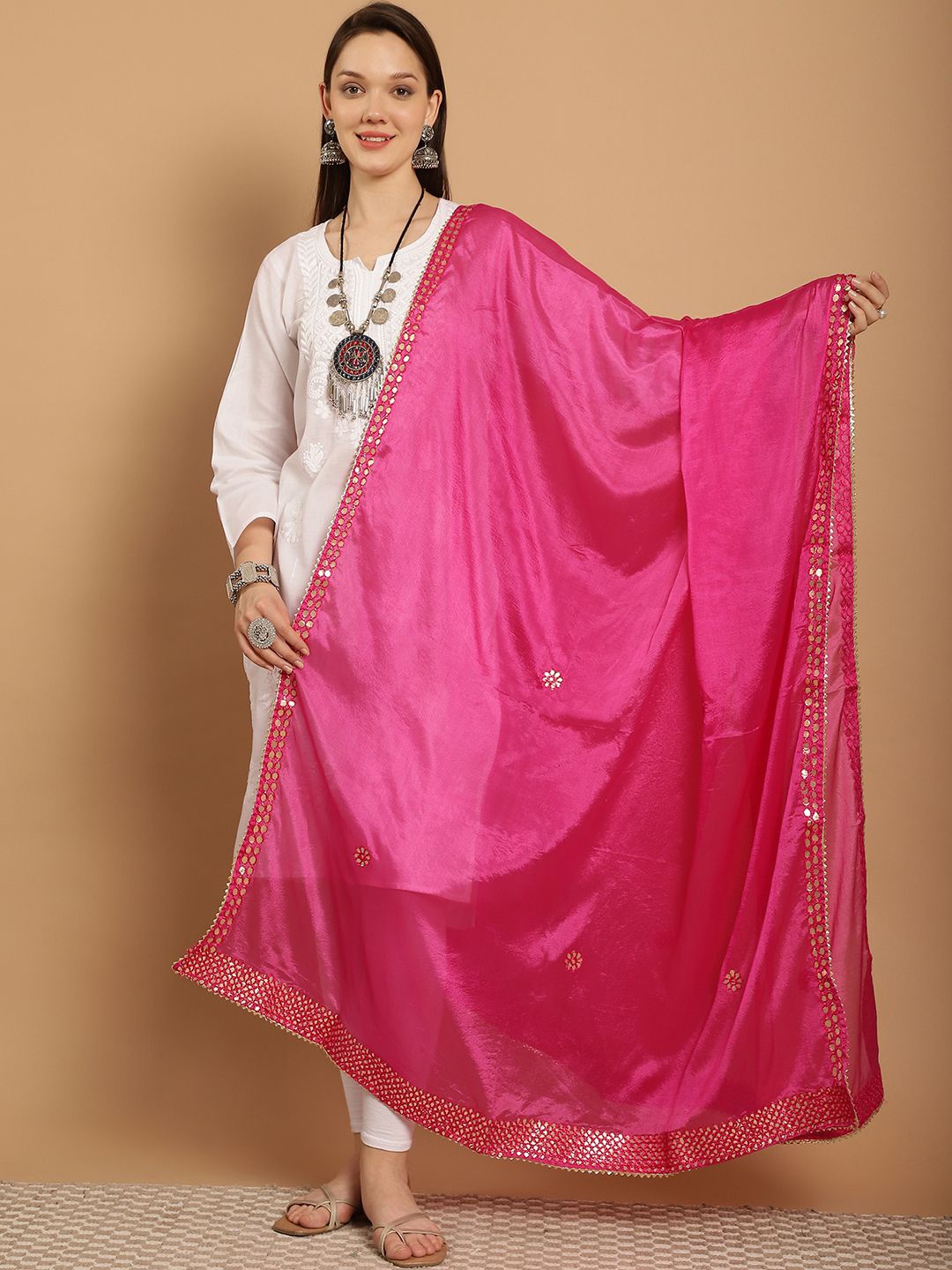 

SOUNDARYA Embroidered Dupatta with Gotta Patti, Pink