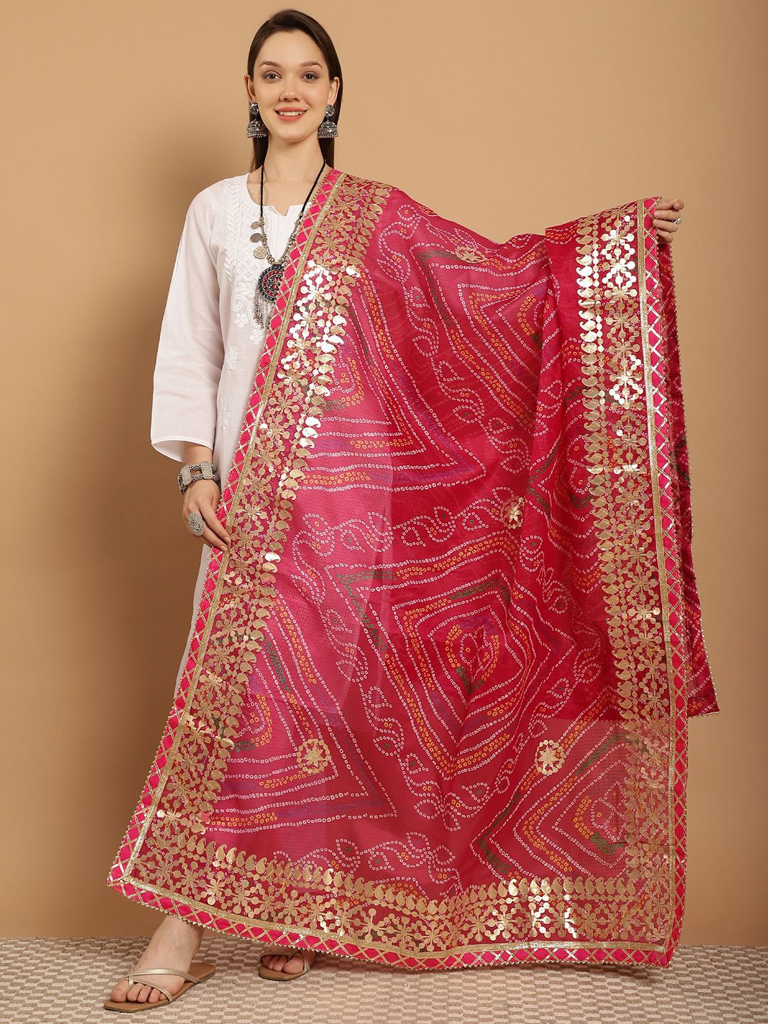 

SOUNDARYA Printed Pure Cotton Bandhani Dupatta with Gotta Patti, Magenta