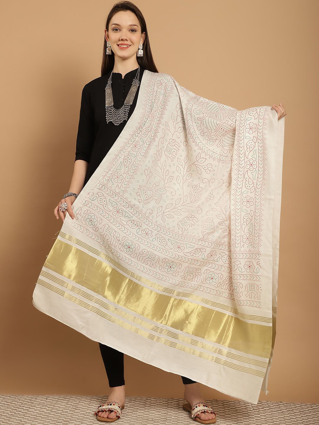 

SOUNDARYA Ethnic Motifs Printed Bandhani Dupatta, Off white