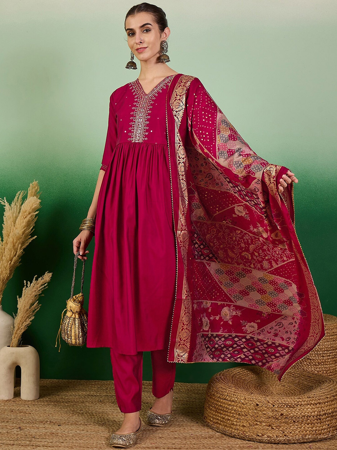 

Sangria Embroidered Anarkali Kurta With Trouser & Dupatta Set, Red