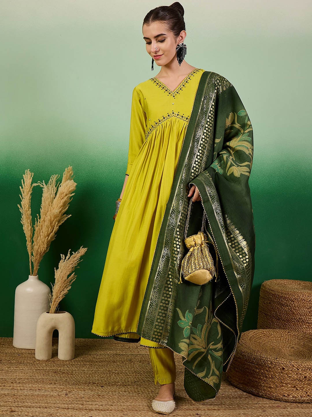 

Sangria Embroidered Kurta With Trouser & Dupatta Set, Yellow