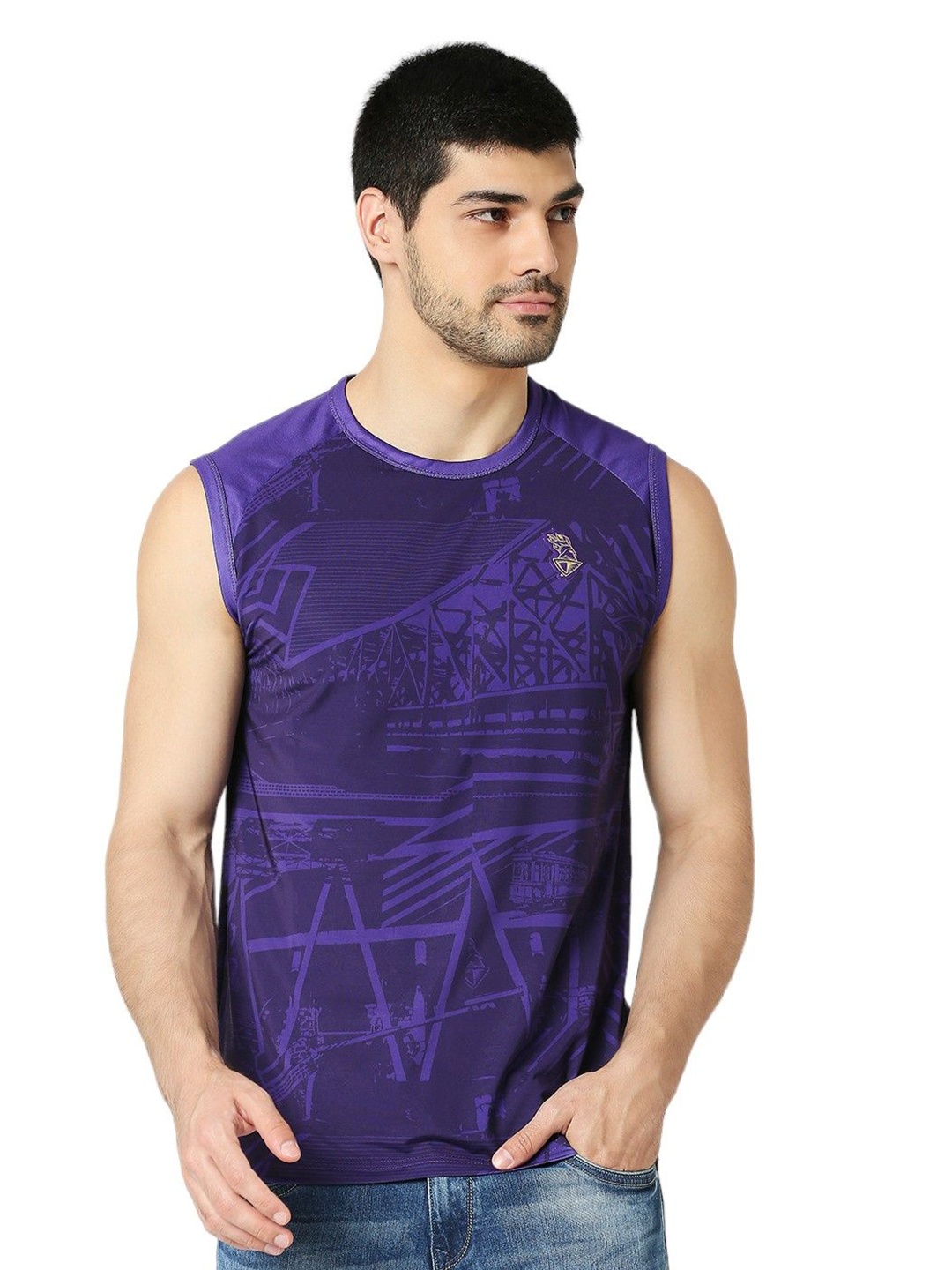 

playR Men Graphic Printed Dry Tech Sleeveless T-shirt, Purple