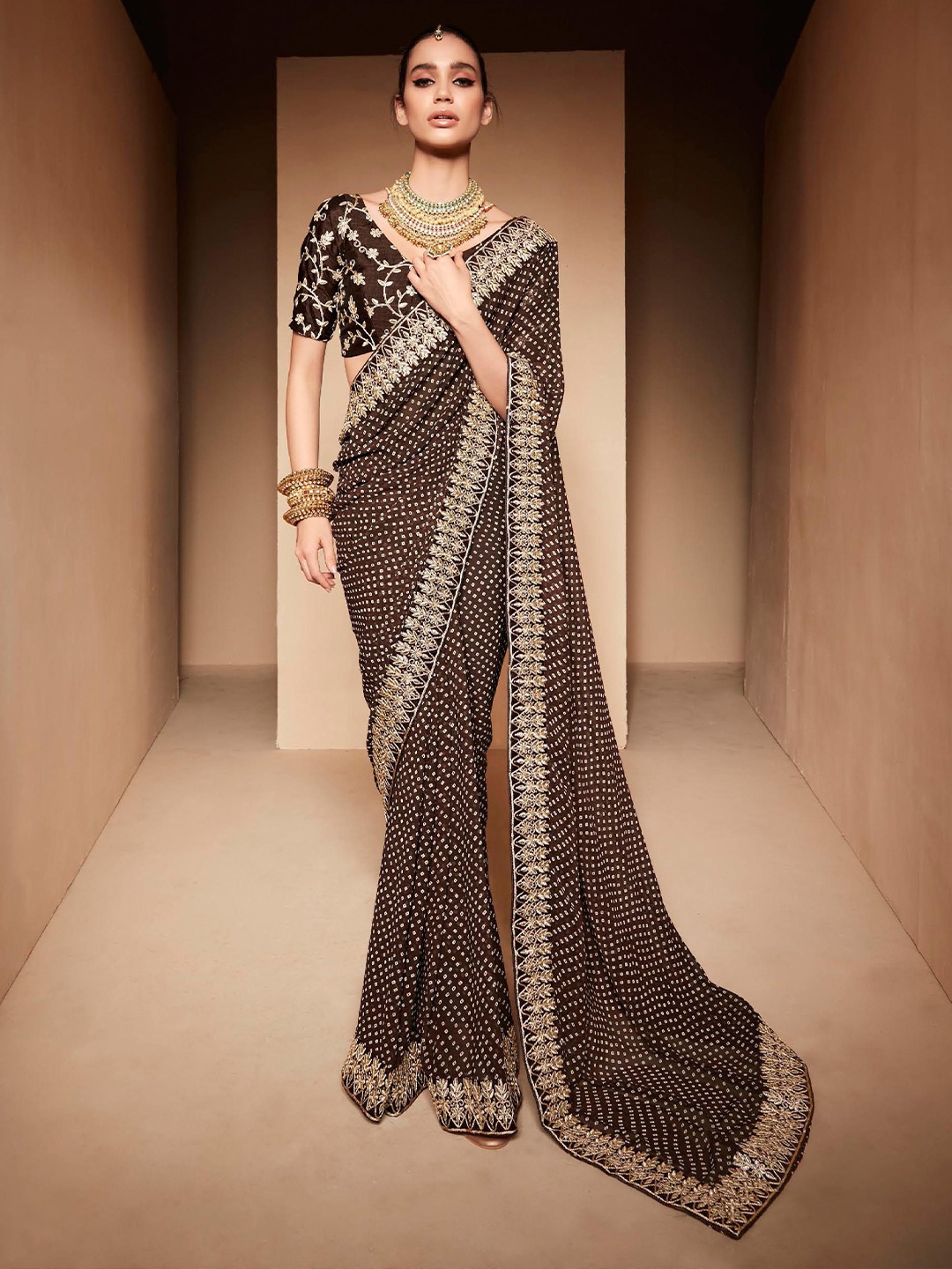 

Mitera Embroidered Bandhani Saree, Brown