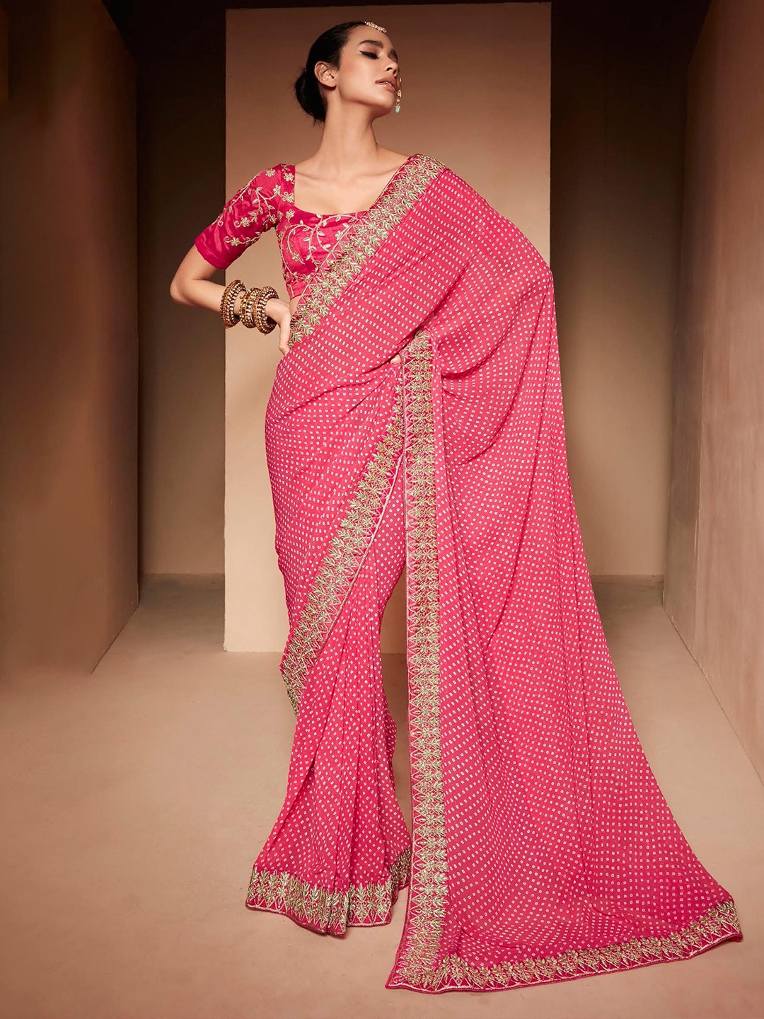 

Mitera Embroidered Bandhani Saree, Pink