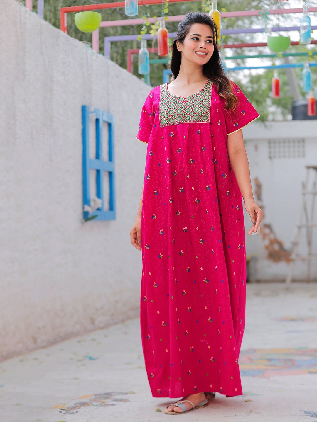 

G4Girl Ethnic Motifs Printed Pure Cotton Maxi Nightdress, Red