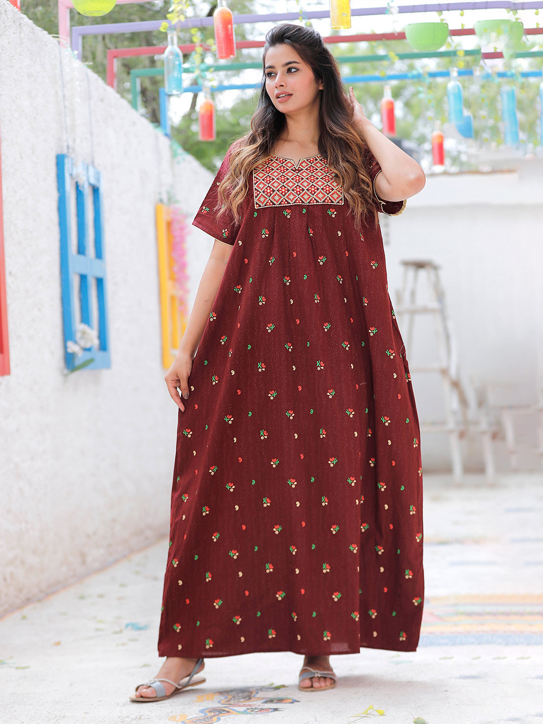 

G4Girl Cotton Printed Nightdress, Maroon